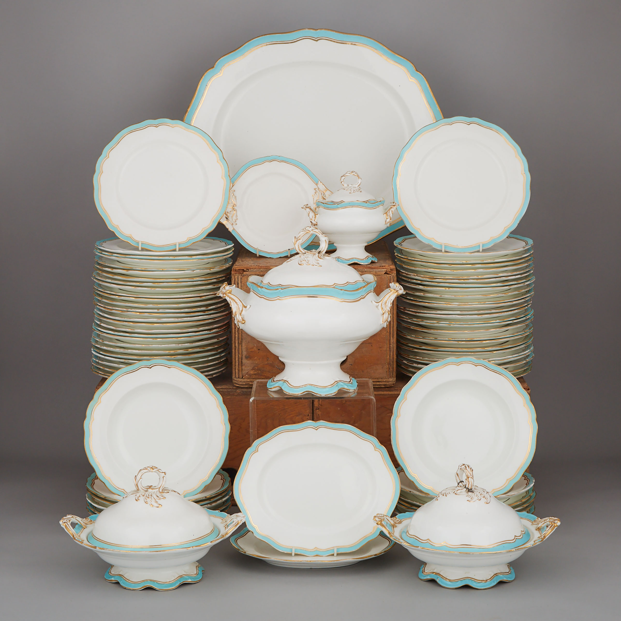 English Porcelain Light Blue and Gilt Decorated Dinner Service, mid-19th century