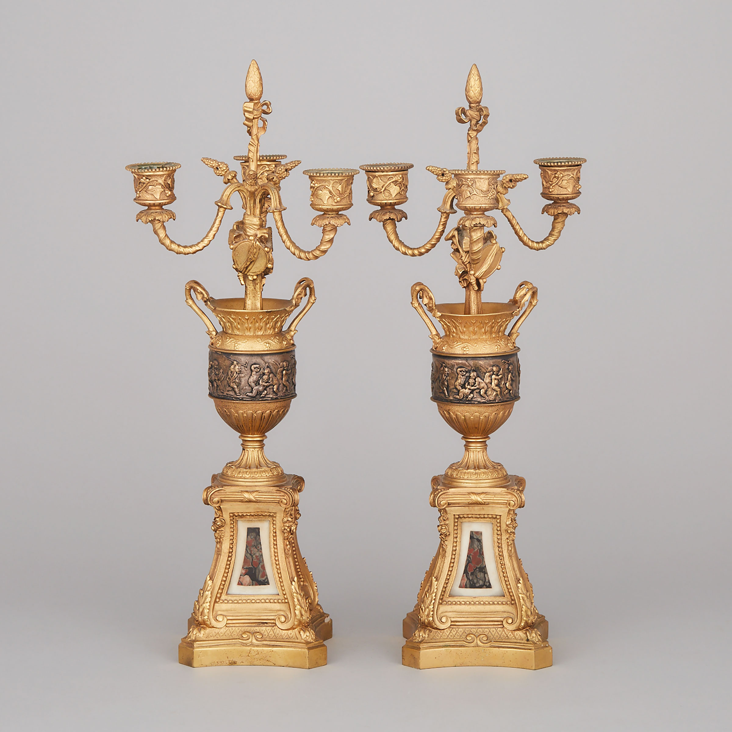 Pair of Neoclassical Gilt and Patinated Bronze Candelabra, 19th century