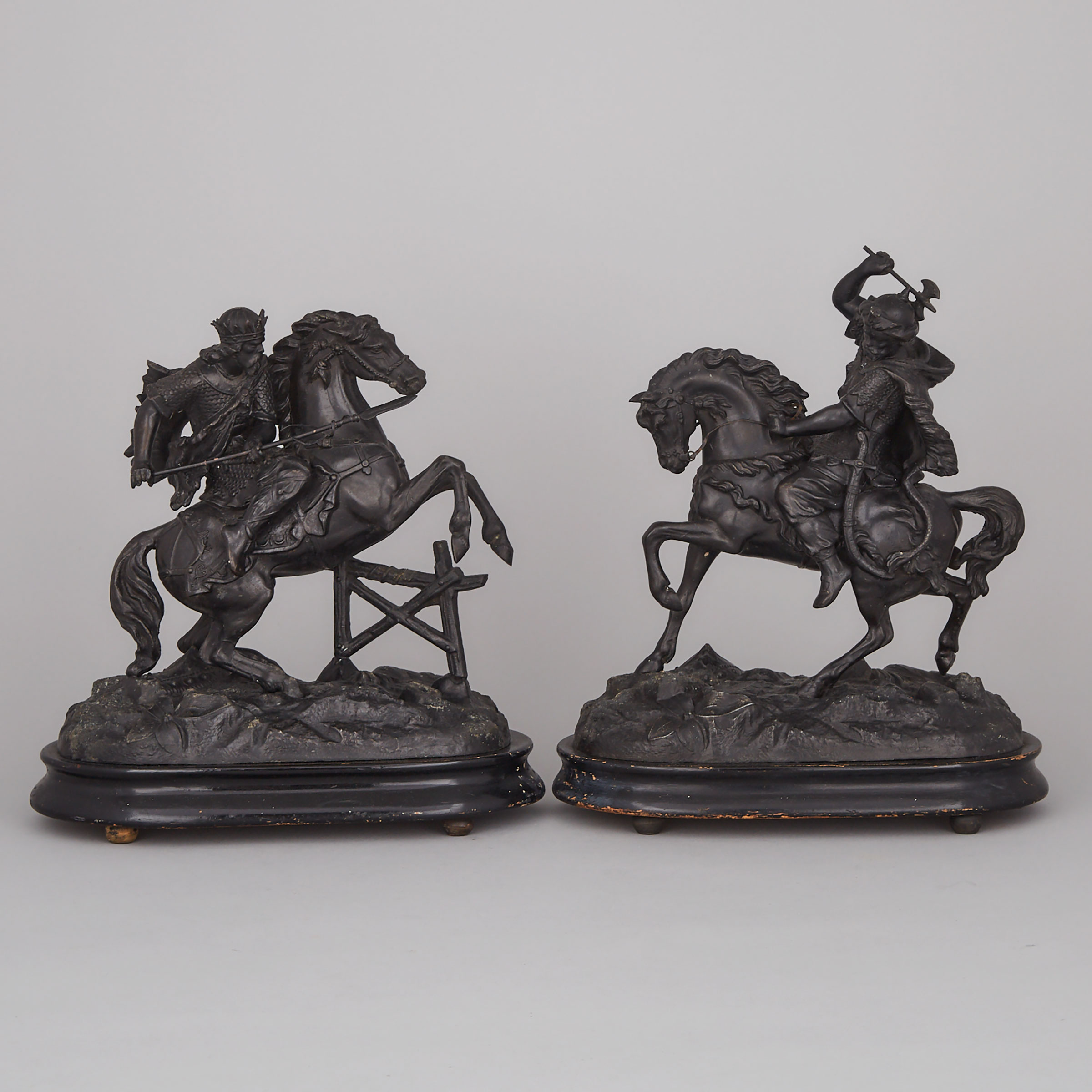 Pair of Patinated Metal Crusader Equestrian Groups, c.1870