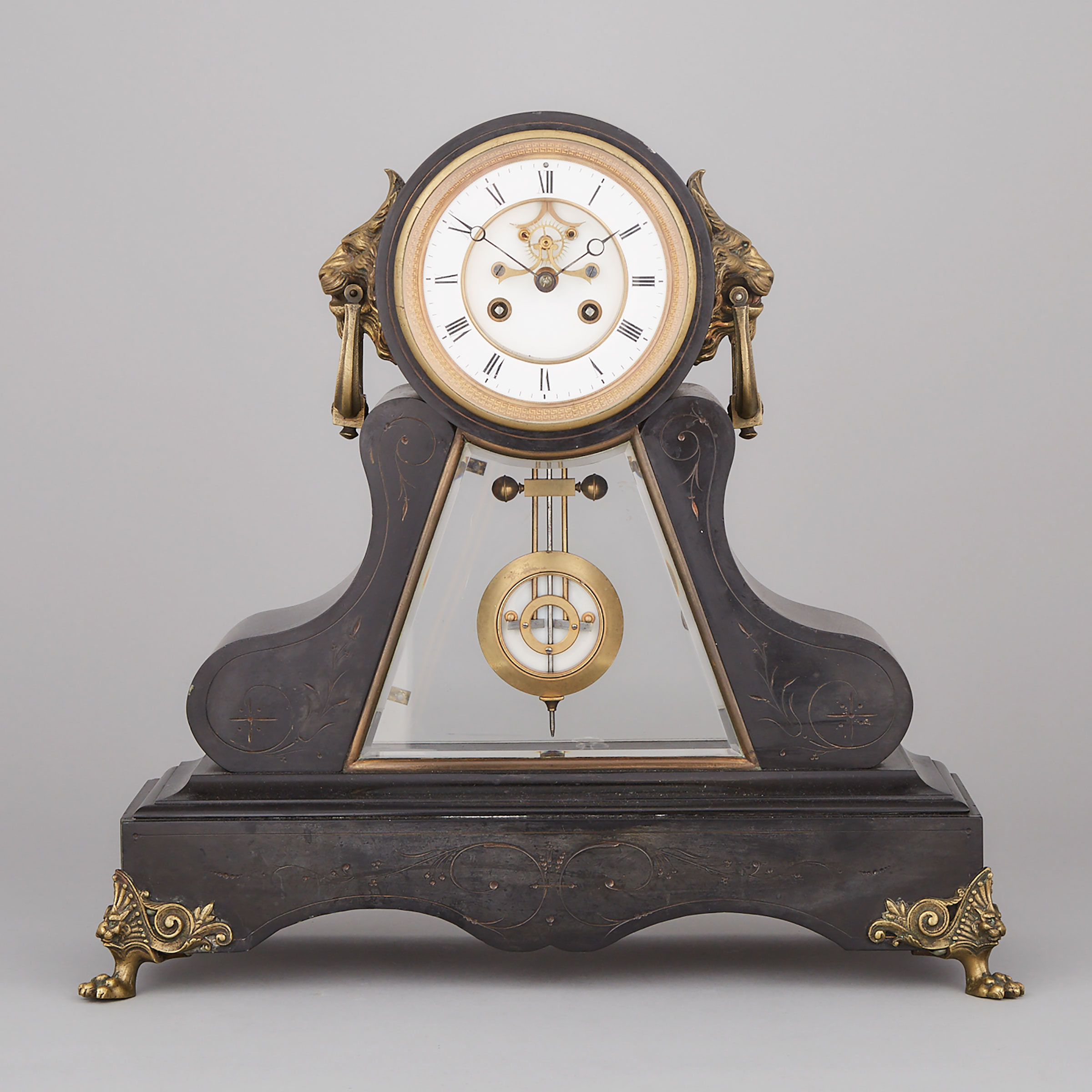 French Belgian Black Marble Mantel Clock, c.1890