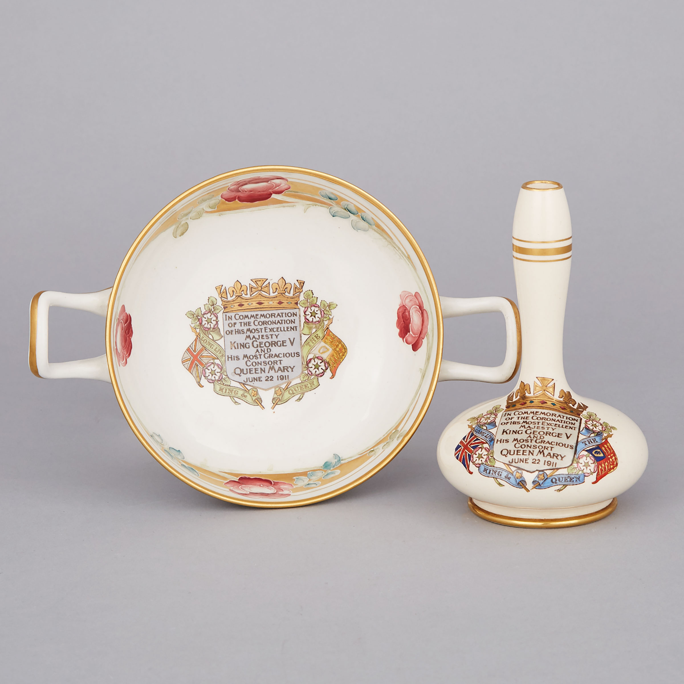 Macintyre Moorcroft Armorial King George V Coronation Commemorative Two Handled Dish and a Vase, 1911