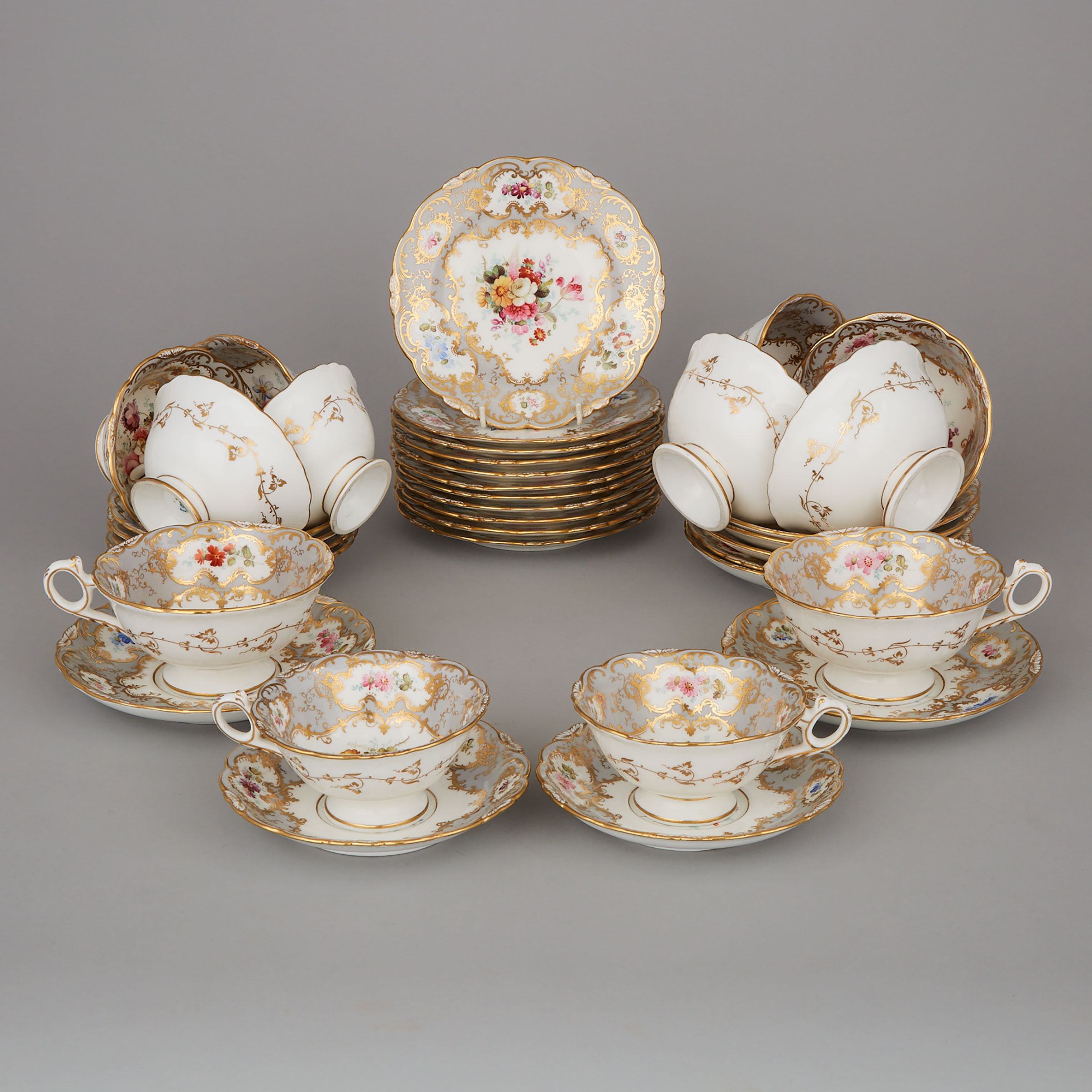 Coalport Floral Paneled Grey and Gilt Part Service, Fred Howard, early 20th century