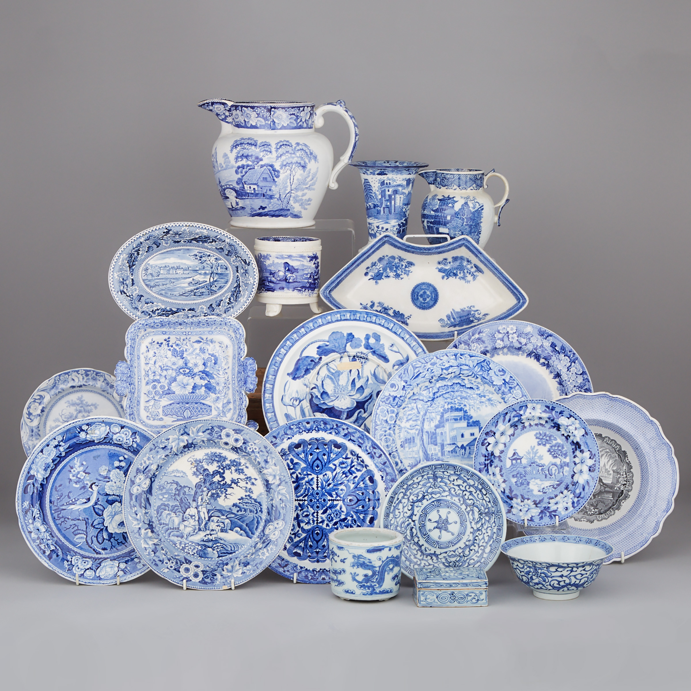 Group of Mainly English Blue Printed Pottery, 19th century