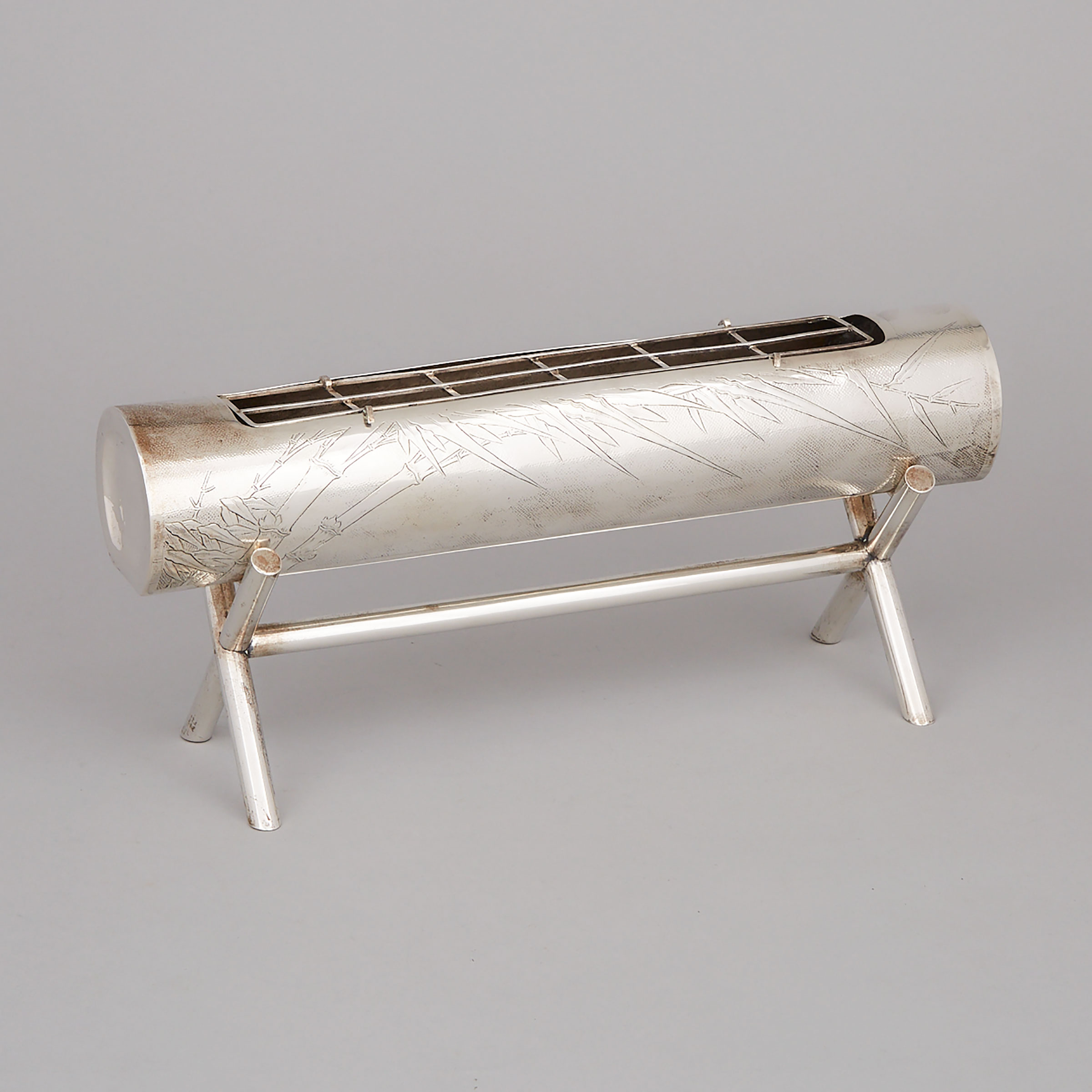 Chinese Silver Bamboo Log Vase and Stand, 20th century