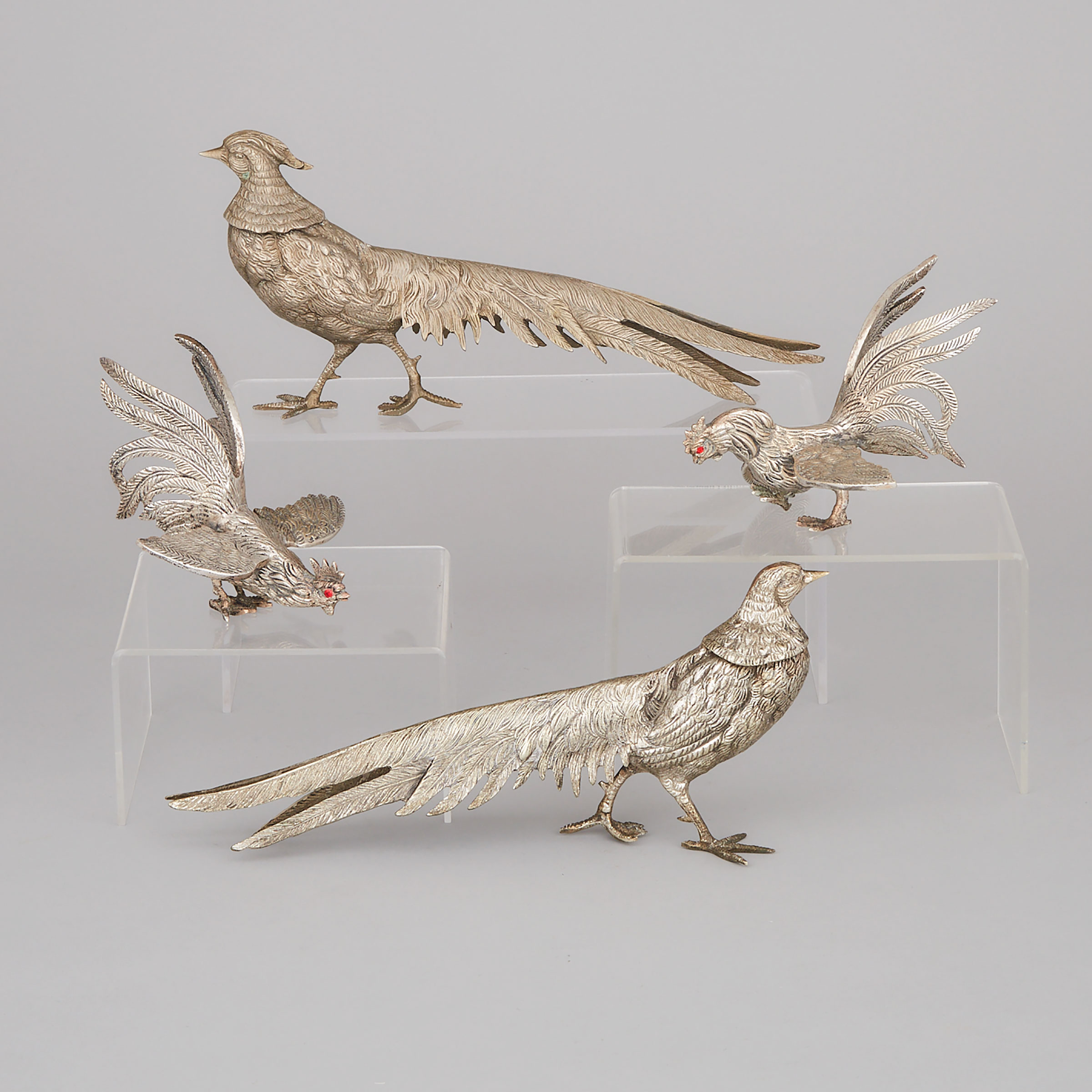 Pair of Silver Plated Pheasants and Pair of Fighting Cocks, 20th century