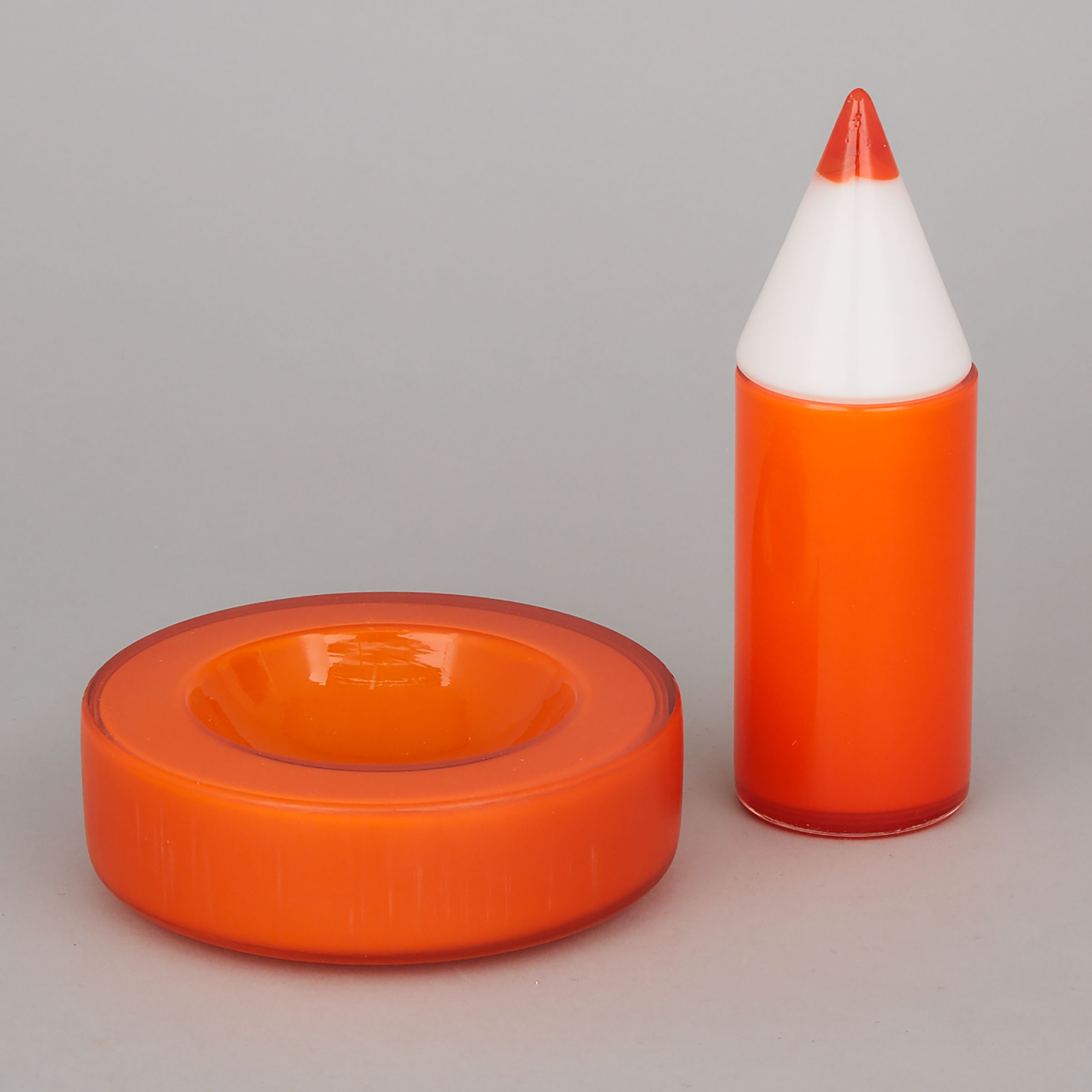 Murano Orange and White Cased Glass Bowl and Pencil Box, 20th century
