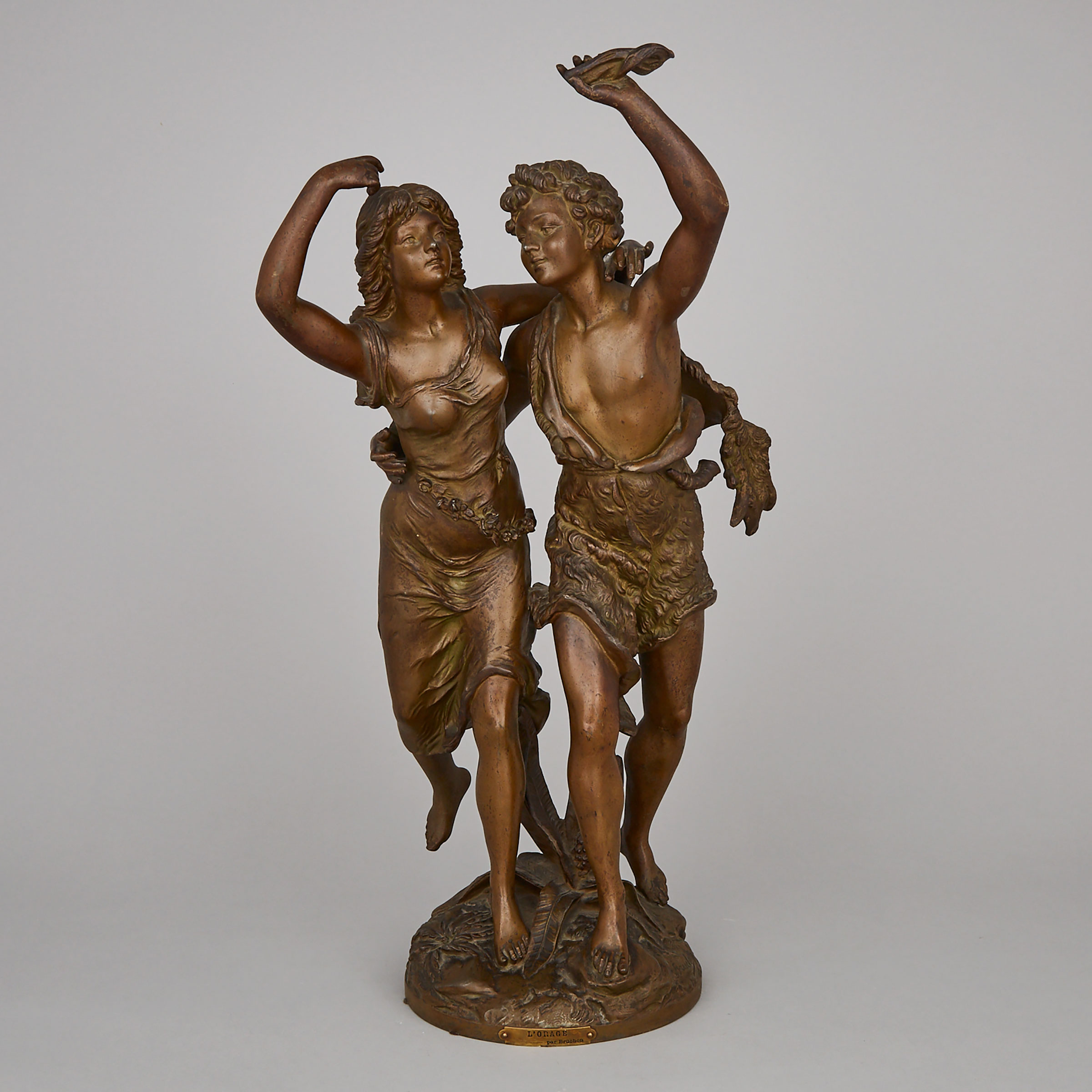 French Art Nouveau Patinated Metal Figural Group Lamp Base, c.1900