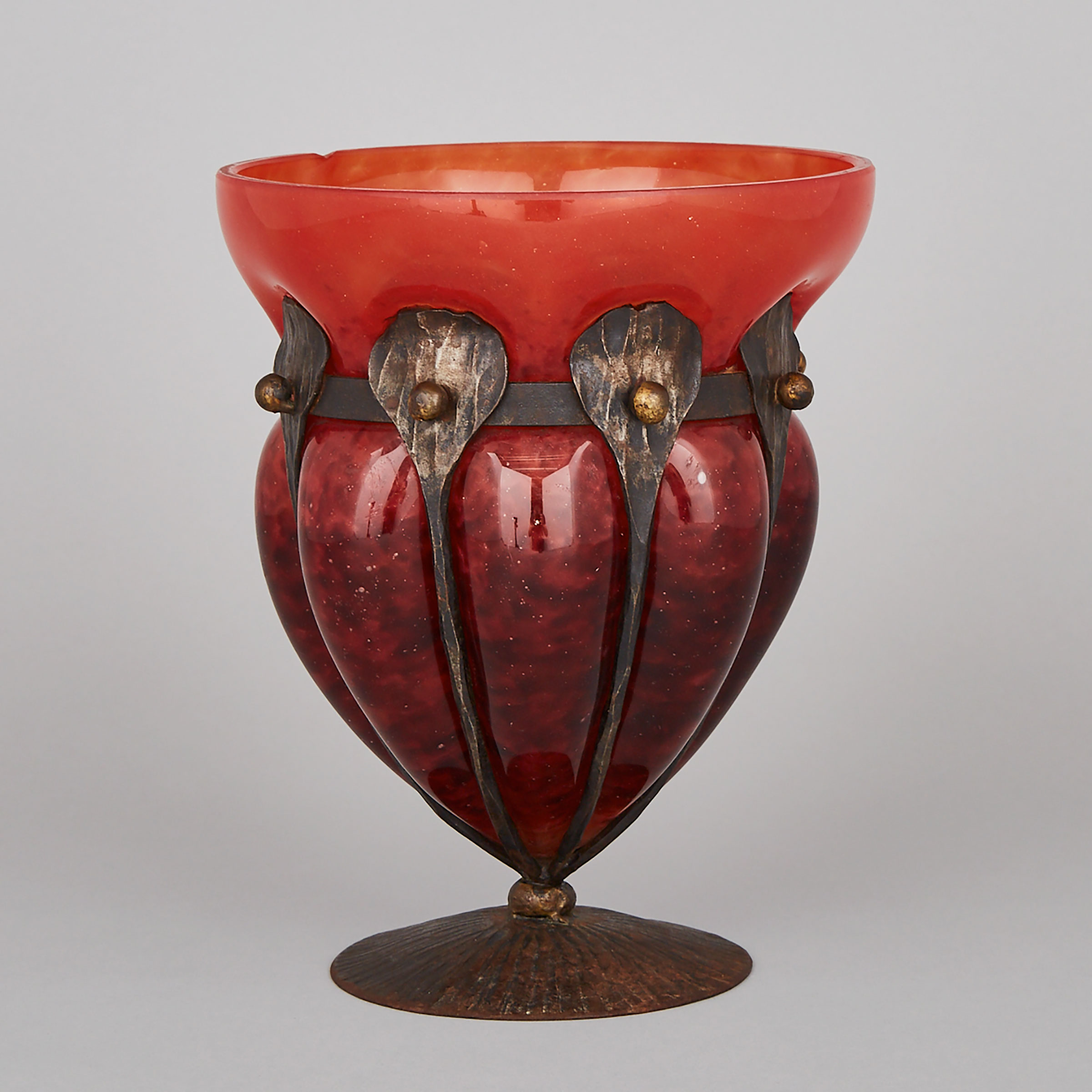 Schneider Wrought Metal Mounted Mottled Orange Glass Vase, early 20th century