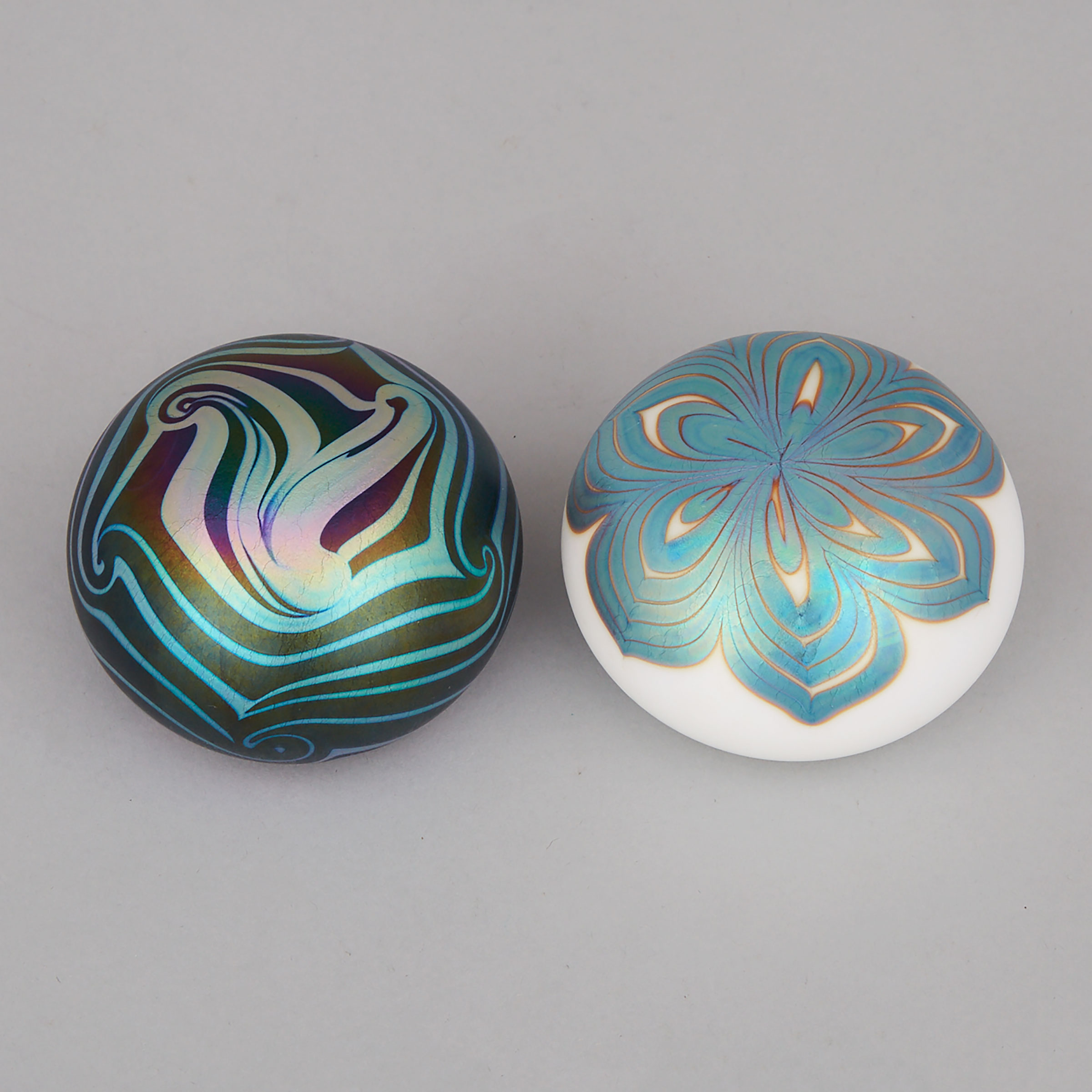 Two Charles Lotton Iridescent Glass Paperweights, 1973