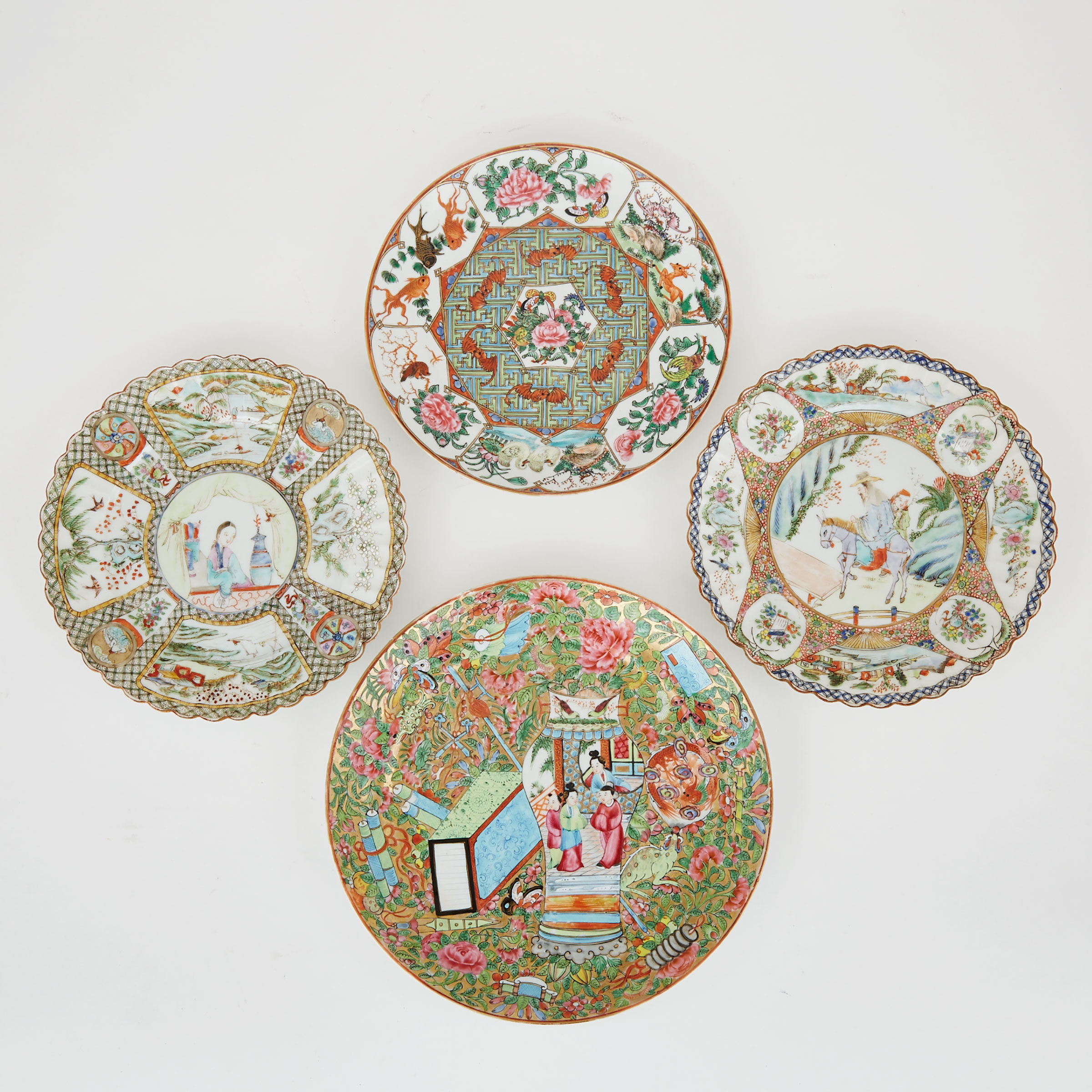 Four Chinese Export Polychrome Decorated Porcelain Plates, 19th century