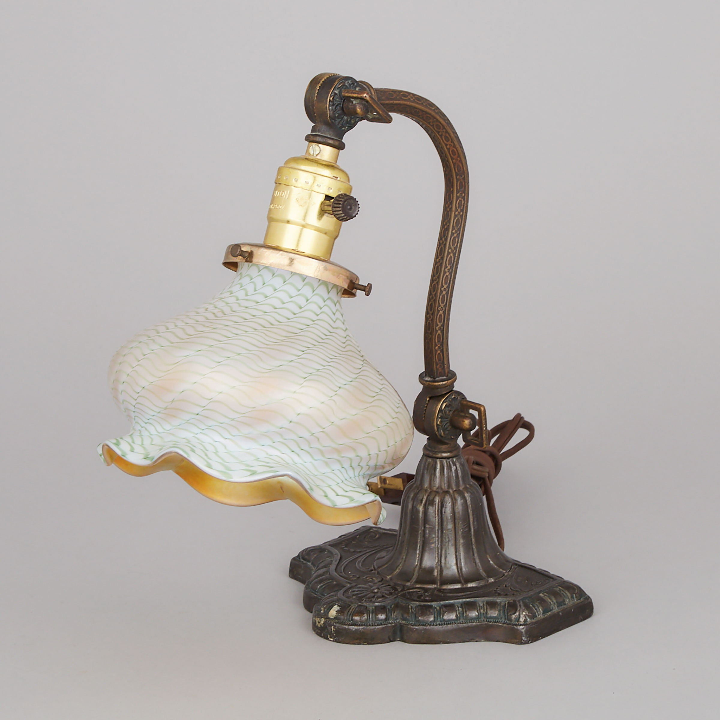 Patinated Metal Piano Lamp with Aurene Glass Shade, early 20th century