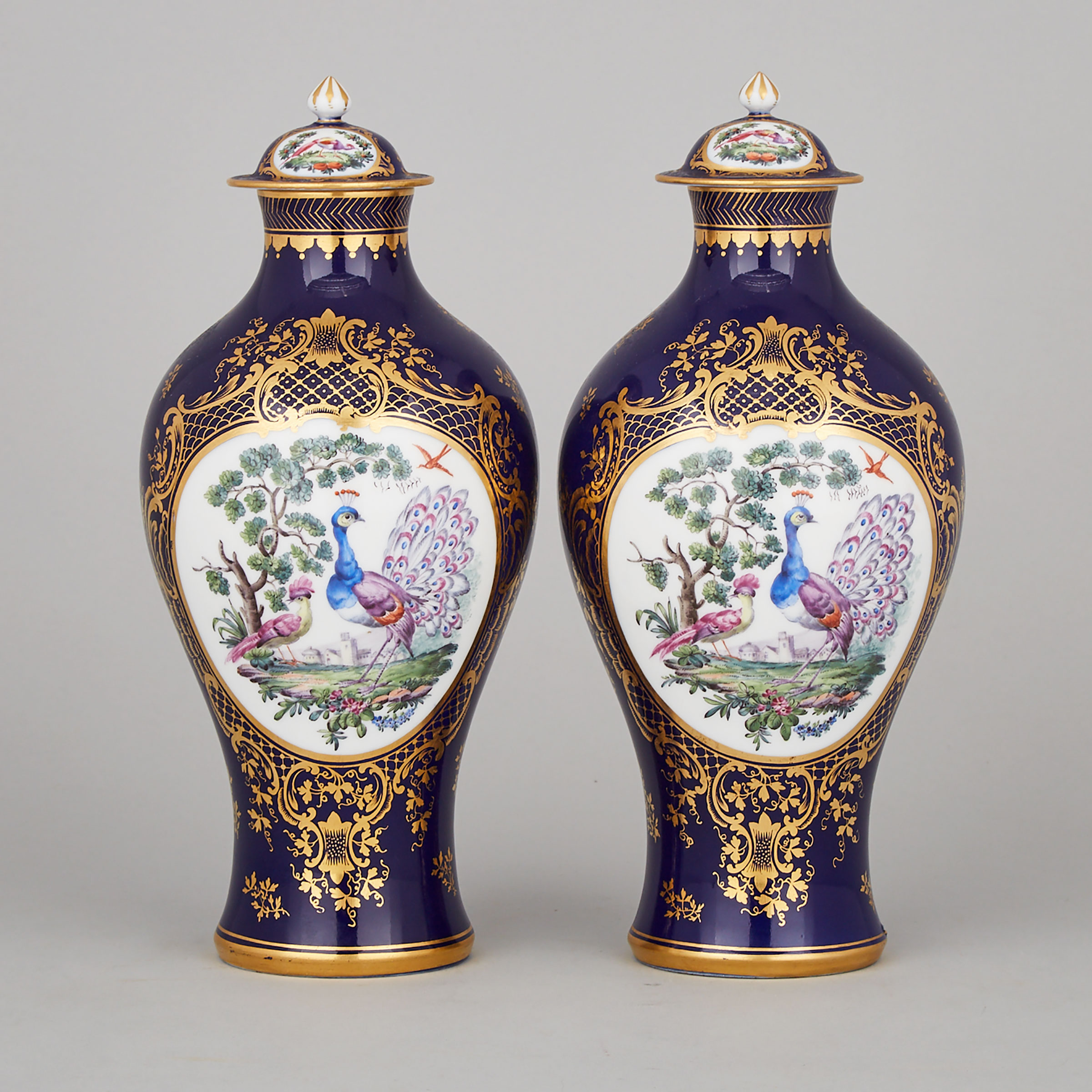 Pair of Samson Blue-Ground Exotic Birds Vases and Covers, c.1900