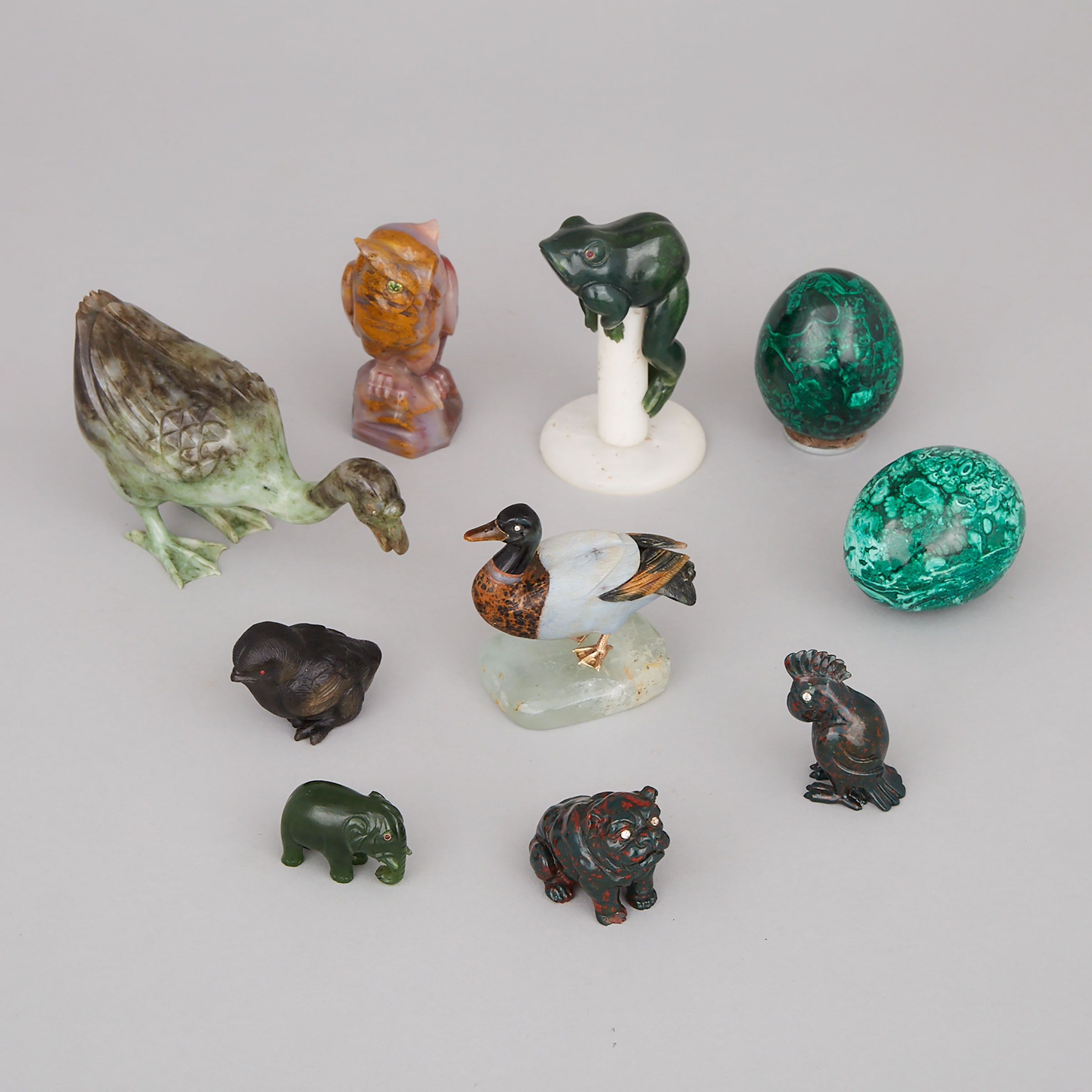 Group of Russian Fabergé Style Hardstone Animal Figures, 20th century