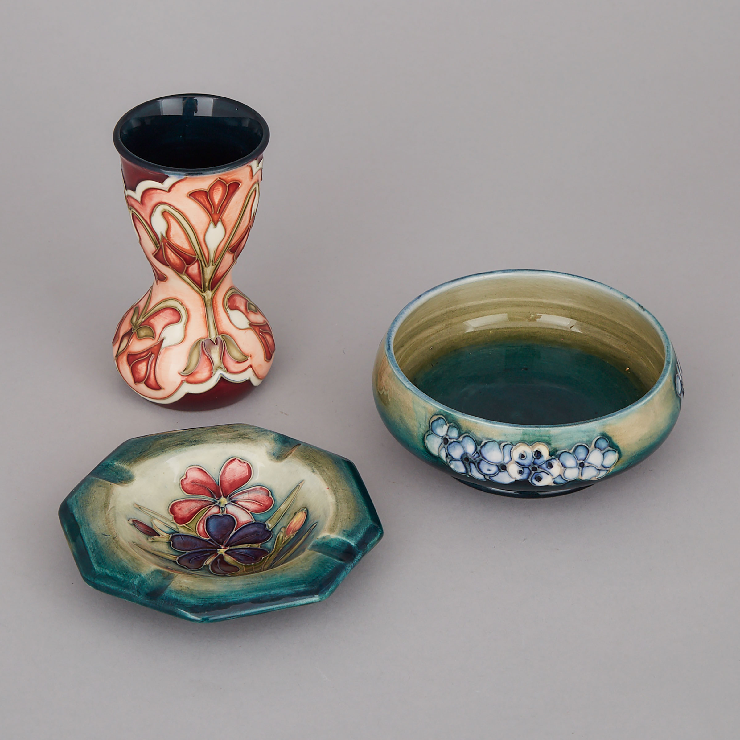 Moorcroft Ashtray, Small Vase and Bowl, 20th century