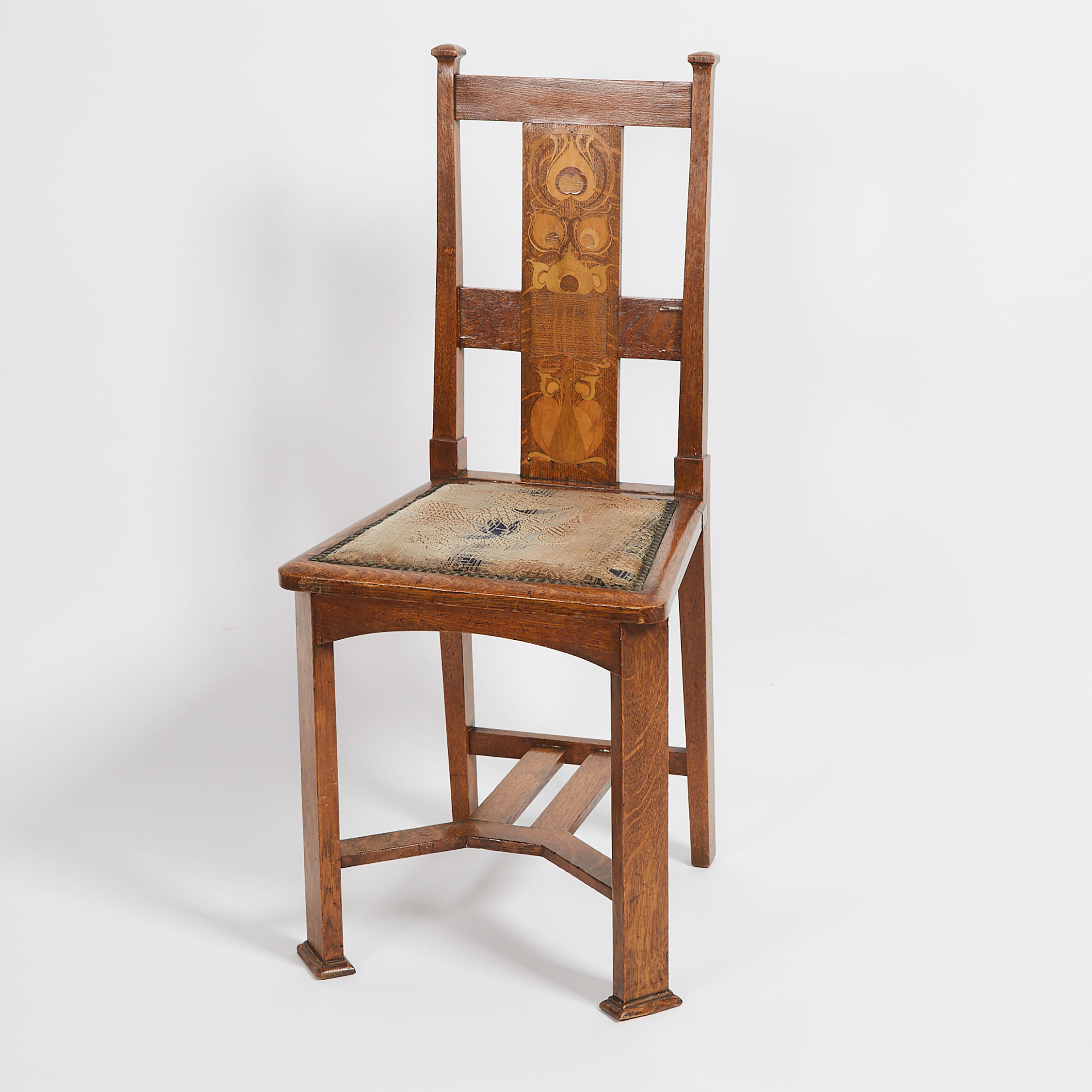 English Arts and Crafts Inlaid Oak Hall Chair, James Phillips and Sons Ltd., Bristol, c.1900