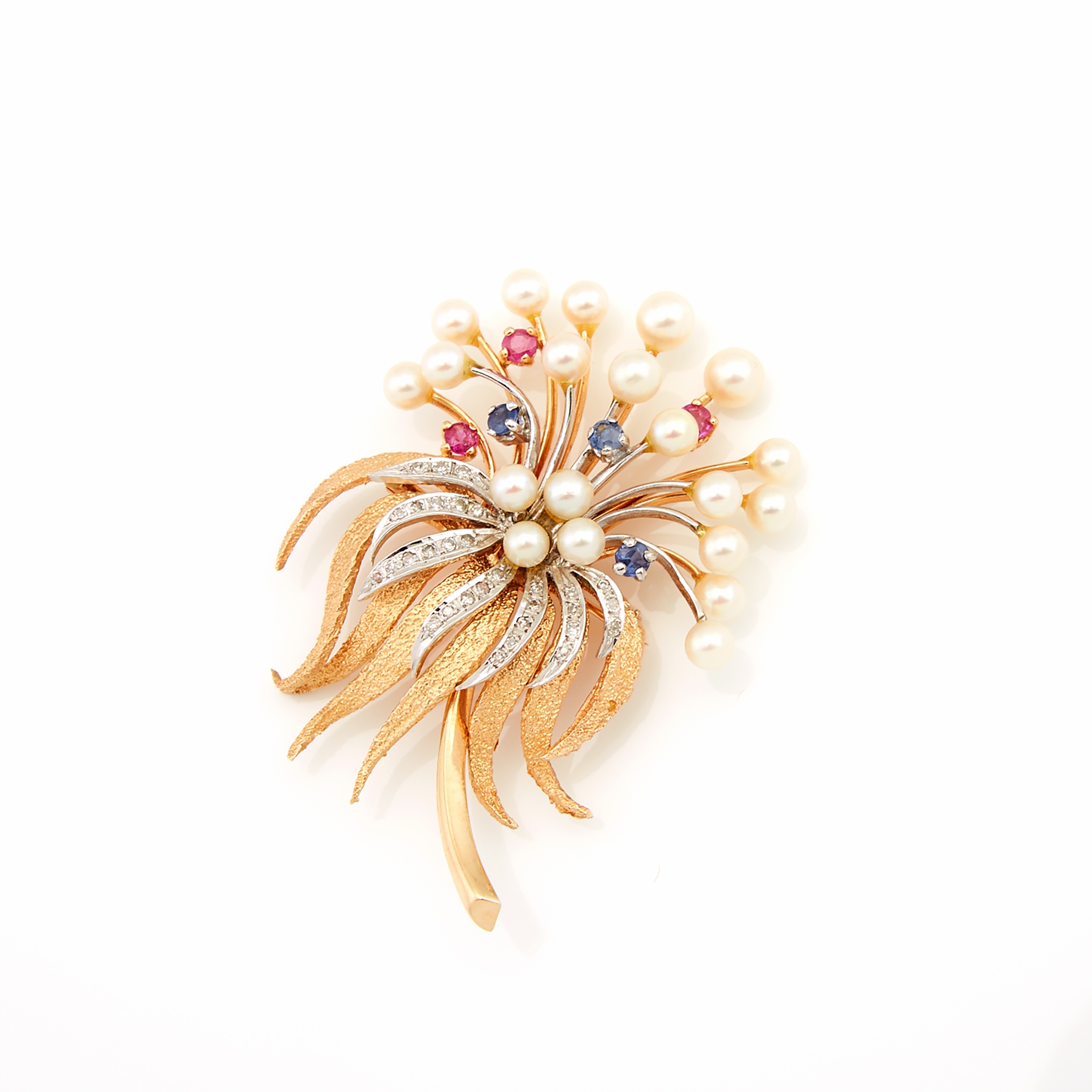14k Yellow And White Gold Floral Spray Brooch
