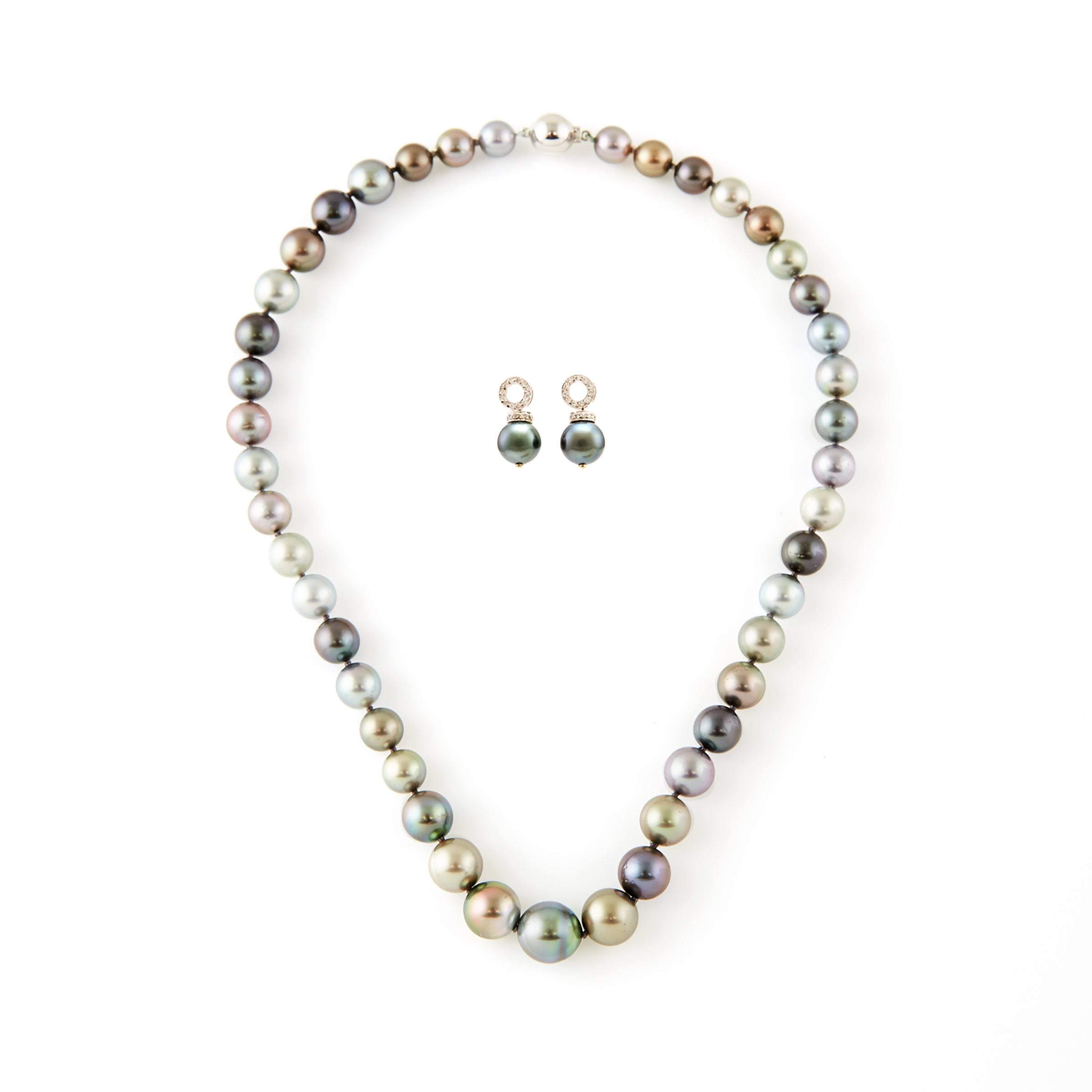 Single Strand Graduated Multi-Colour Tahitian Pearl Necklace And Earrings