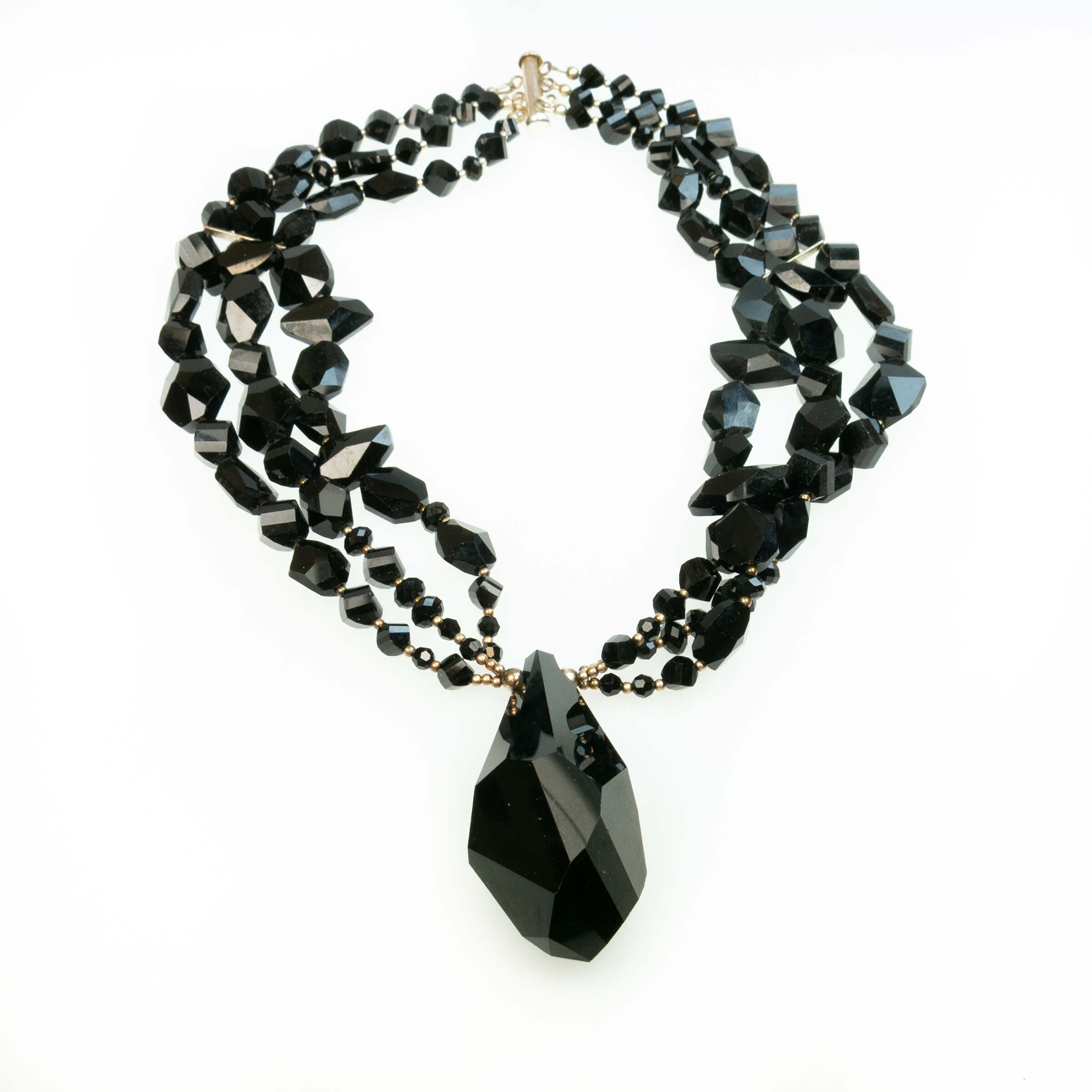 Triple Strand Facetted Black Glass Necklace And Pendant