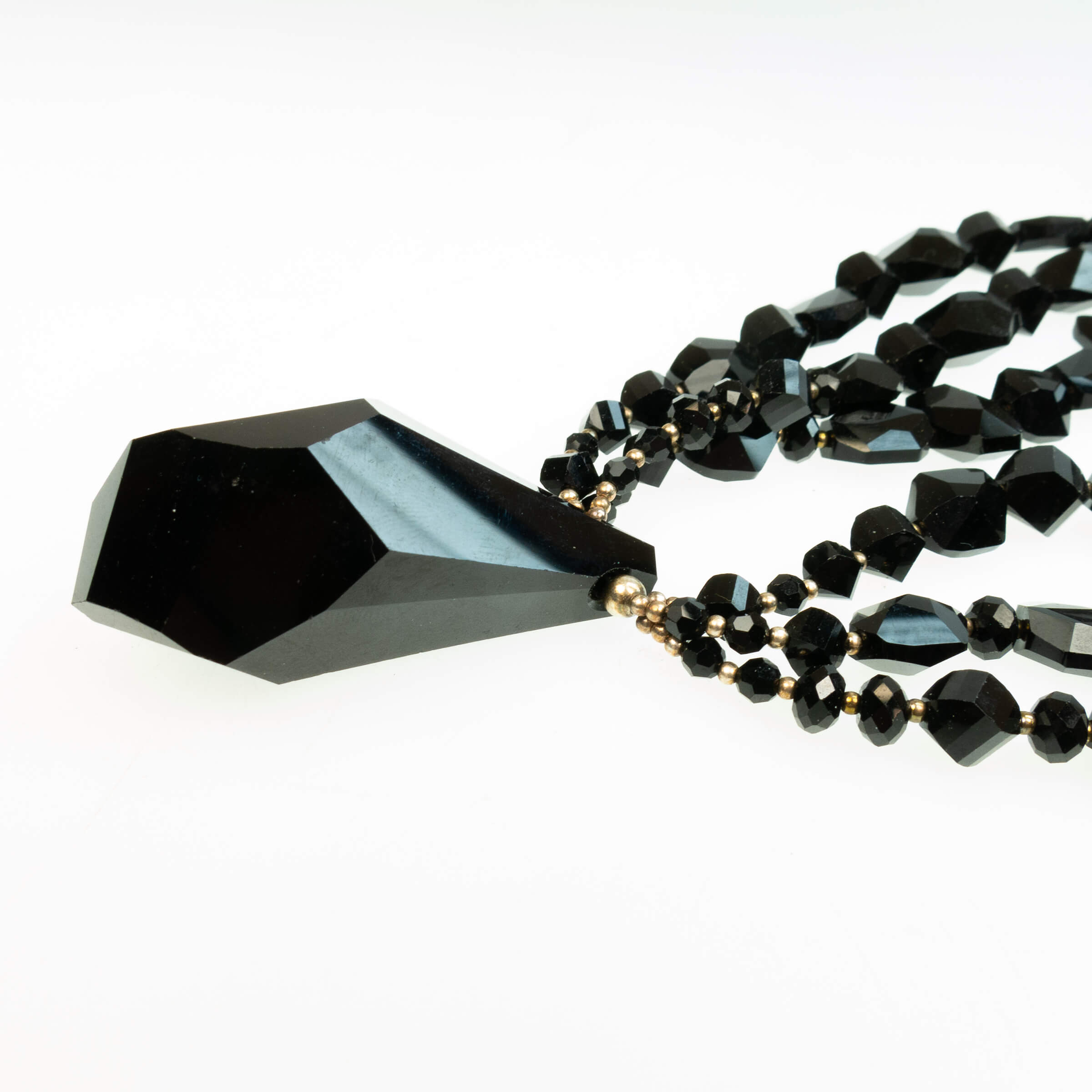 Triple Strand Facetted Black Glass Necklace And Pendant