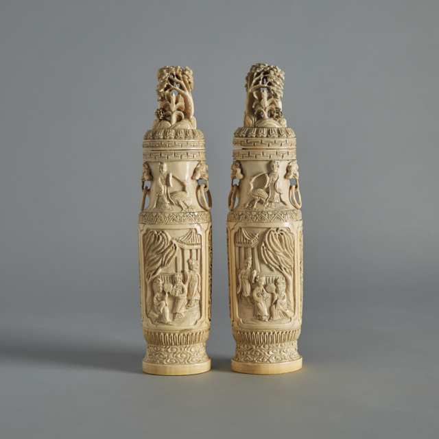 A Pair of Ivory Carved Vases, Circa 1900