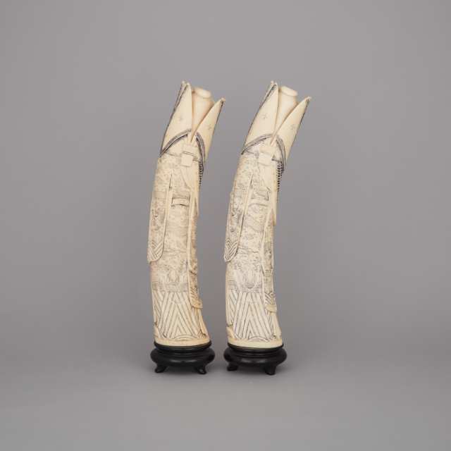A Pair of Ivory Carved Guardian Immortals, Circa 1900