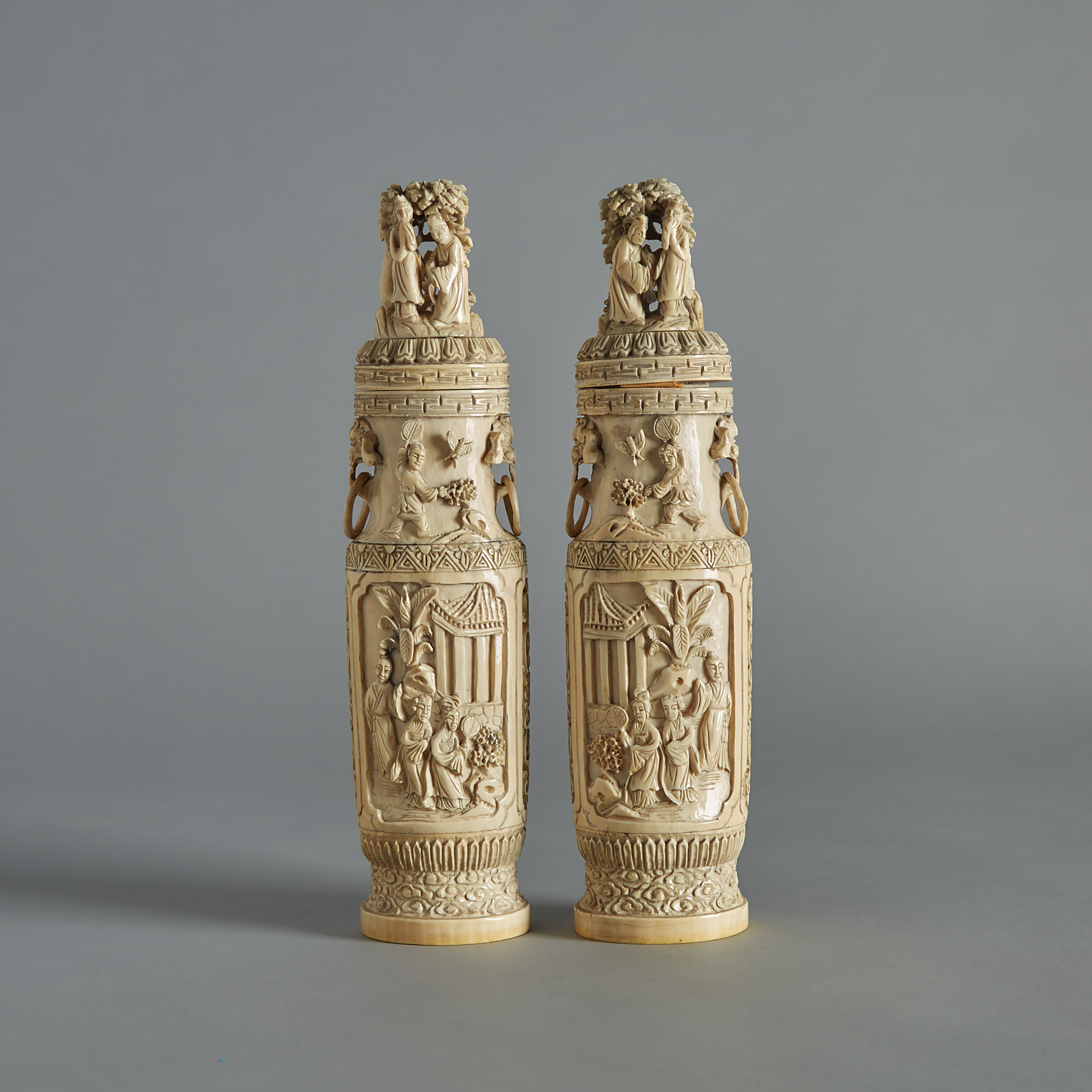 A Pair of Ivory Carved Vases, Circa 1900