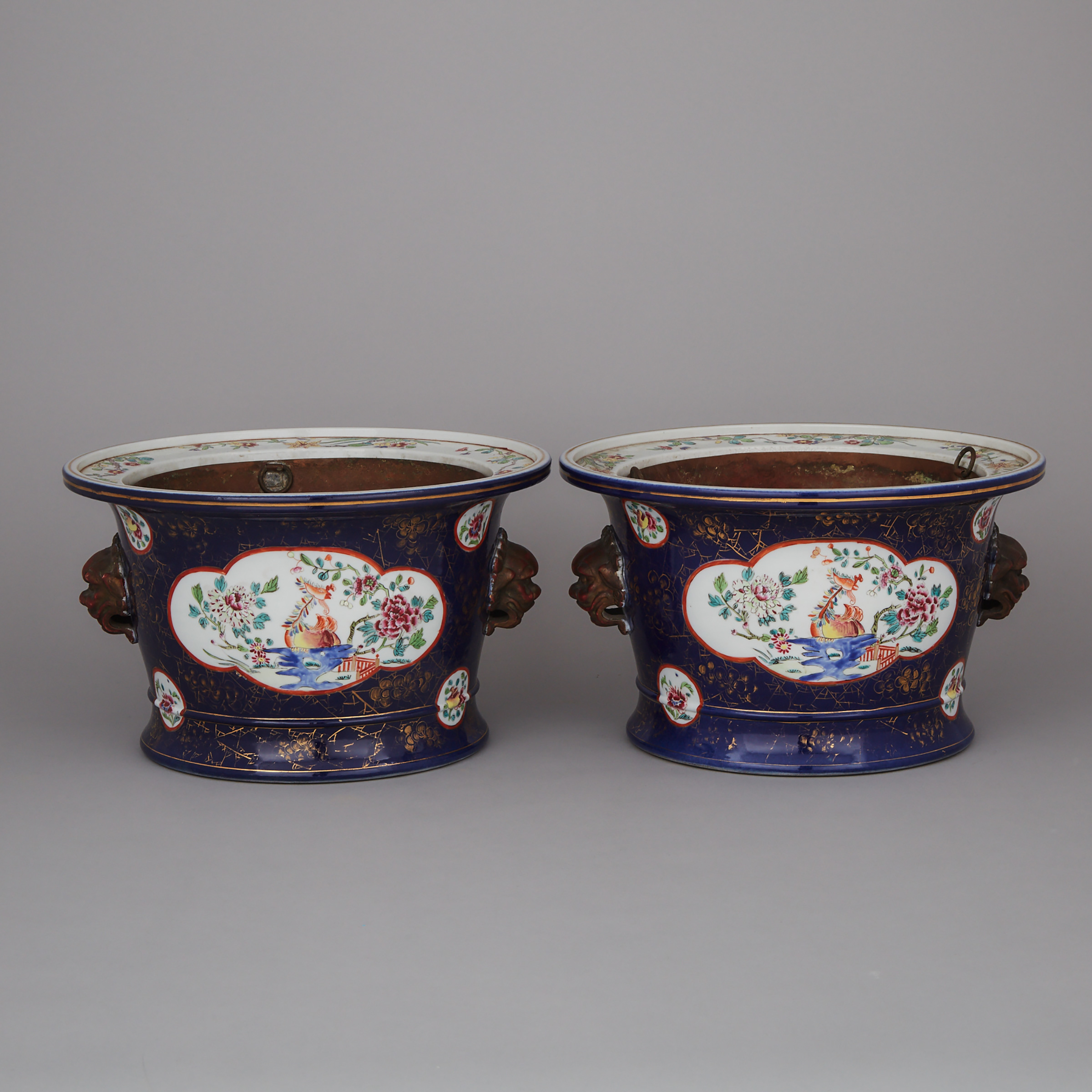 A Pair of Chinese Famille Rose & Powder Blue Glaze Fish Bowl Jardinieres, 18th/19th Century