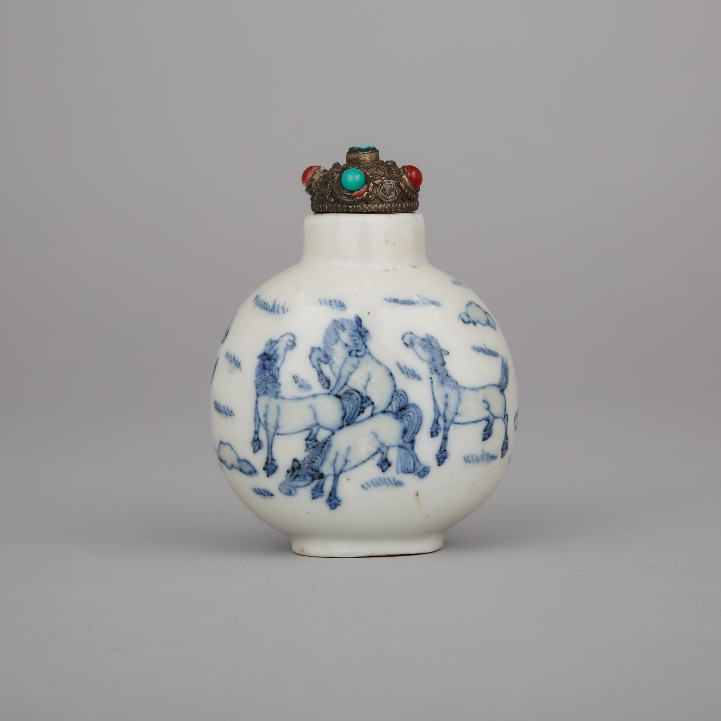 A Blue and White ‘Eight Horses’ Porcelain Snuff Bottle, Yongzheng Mark, 19th Century