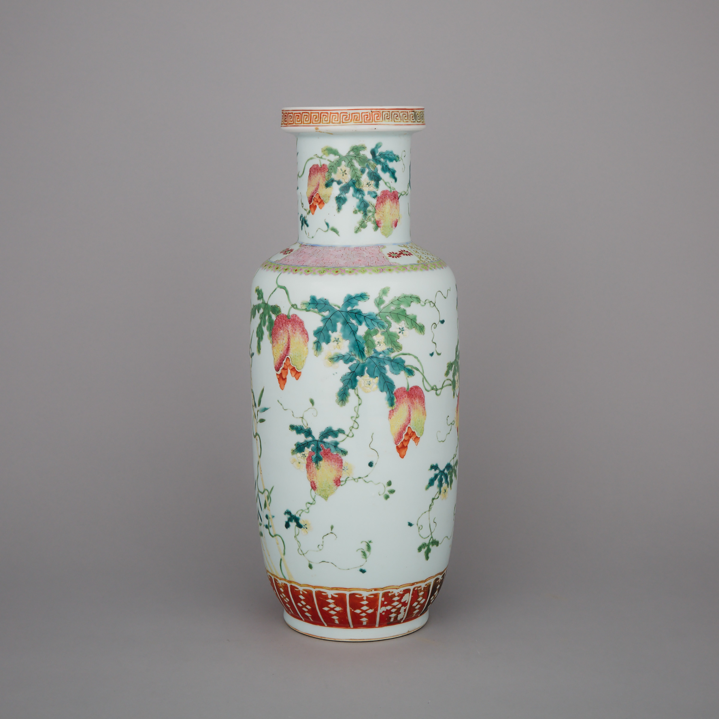 A Famille Rose ‘Balsam Pear’ Rouleau Vase, 19th Century