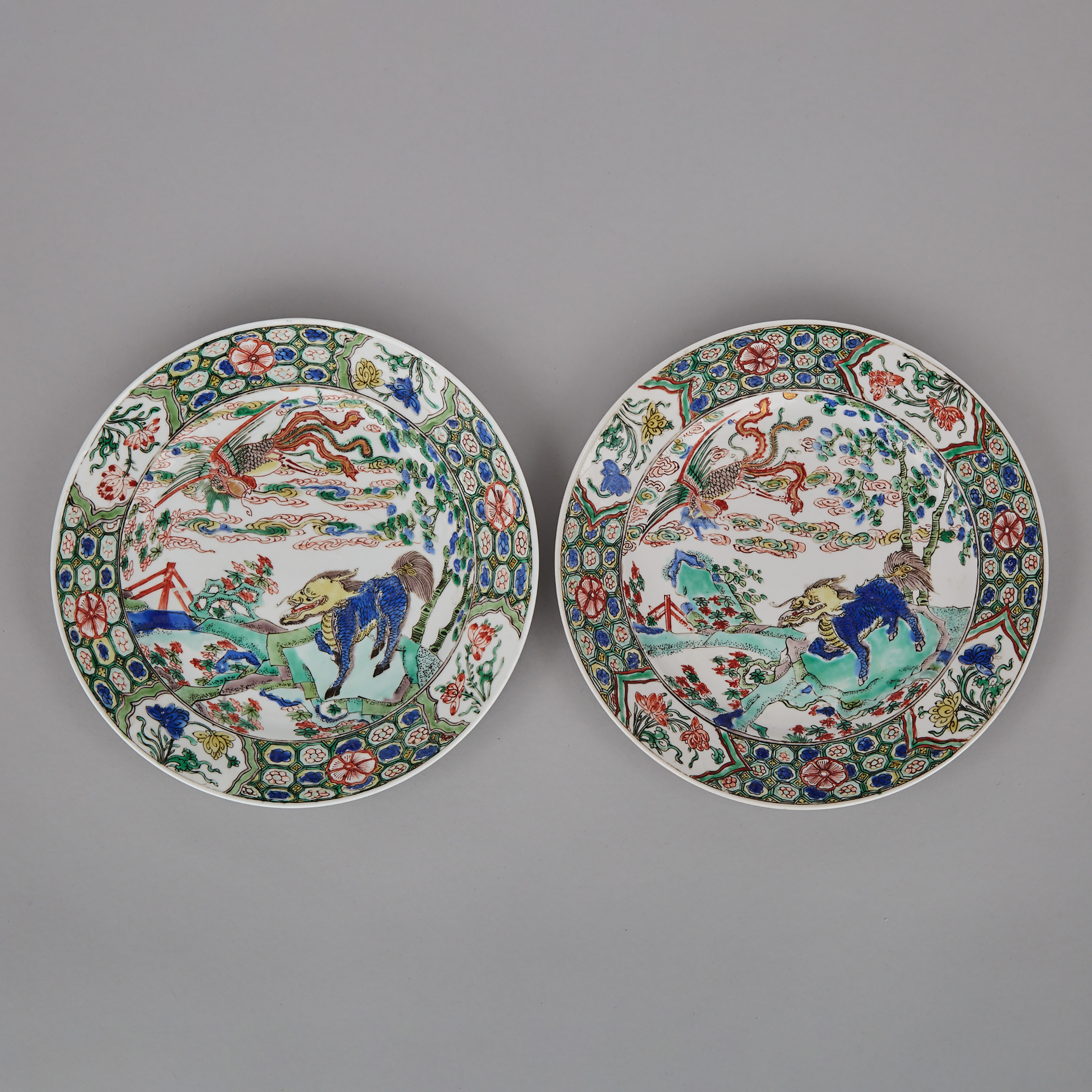 A Pair of Famille Verte ‘Qilin and Phoenix’ Dishes, Kangxi Period (1664-1722)