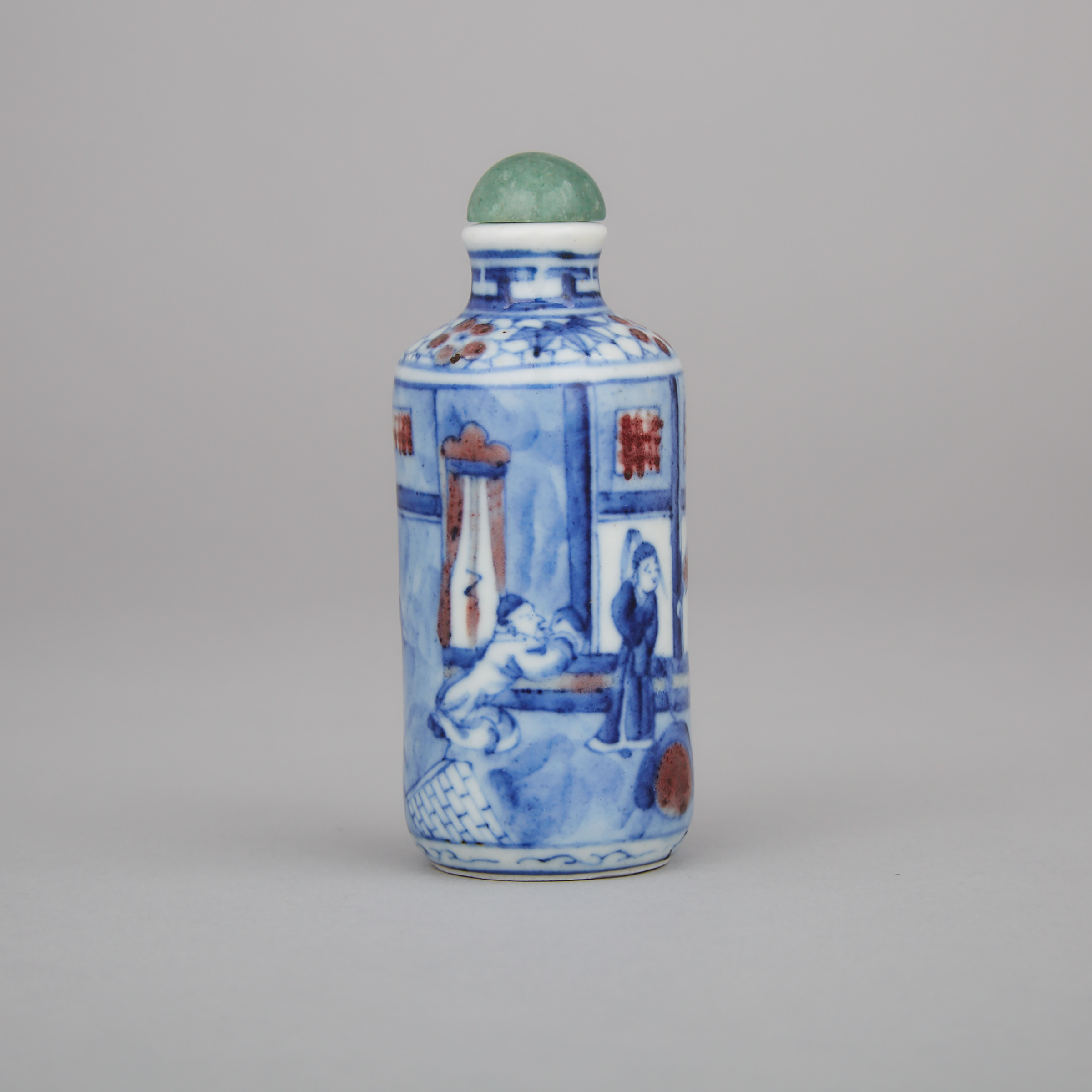 A Copper Red Blue and White Porcelain Snuff Bottle, Yongzheng Mark, 19th Century