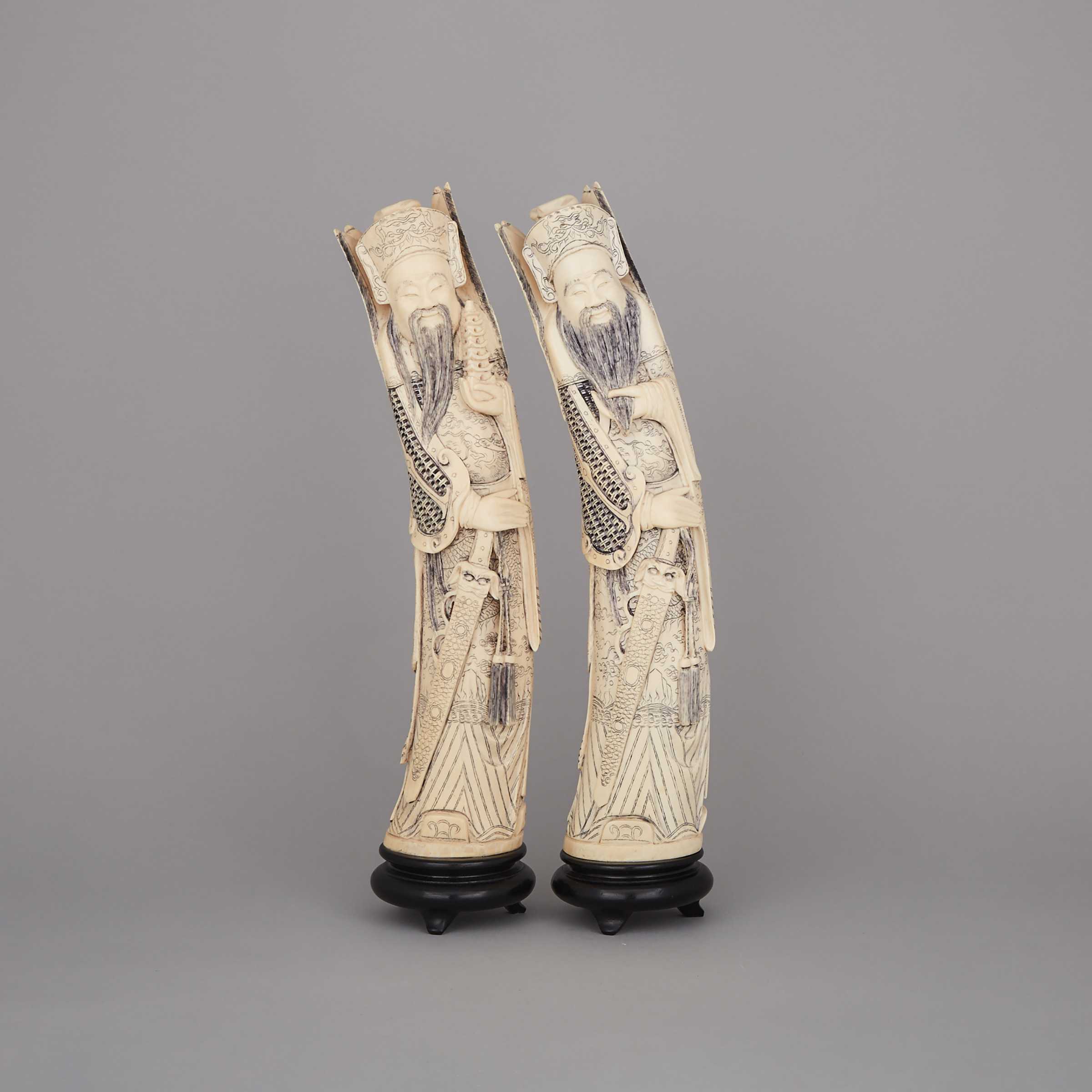 A Pair of Ivory Carved Guardian Immortals, Circa 1900