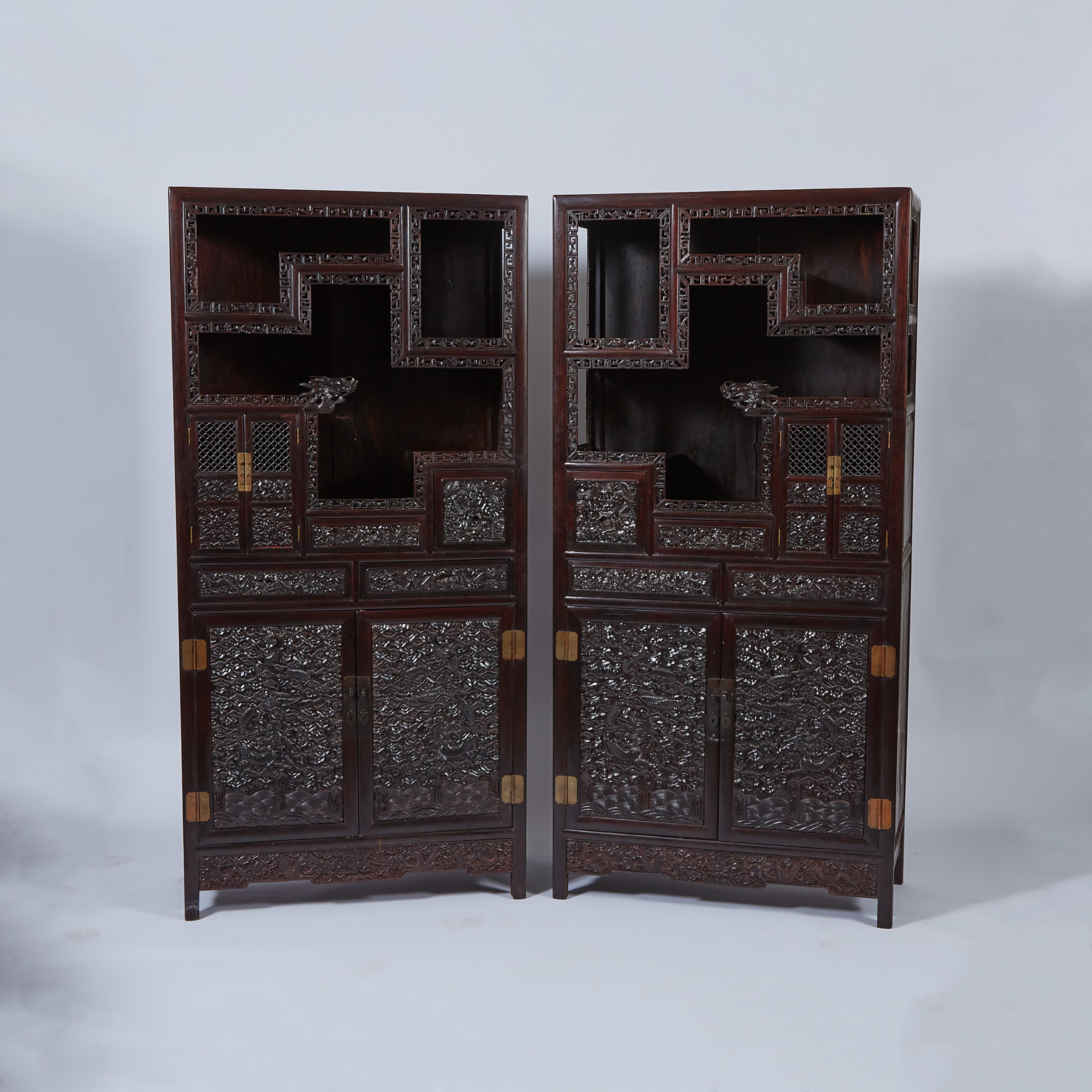 A Pair of Imperial Qing-Style Suanzhi Hardwood Carved Display Cabinets