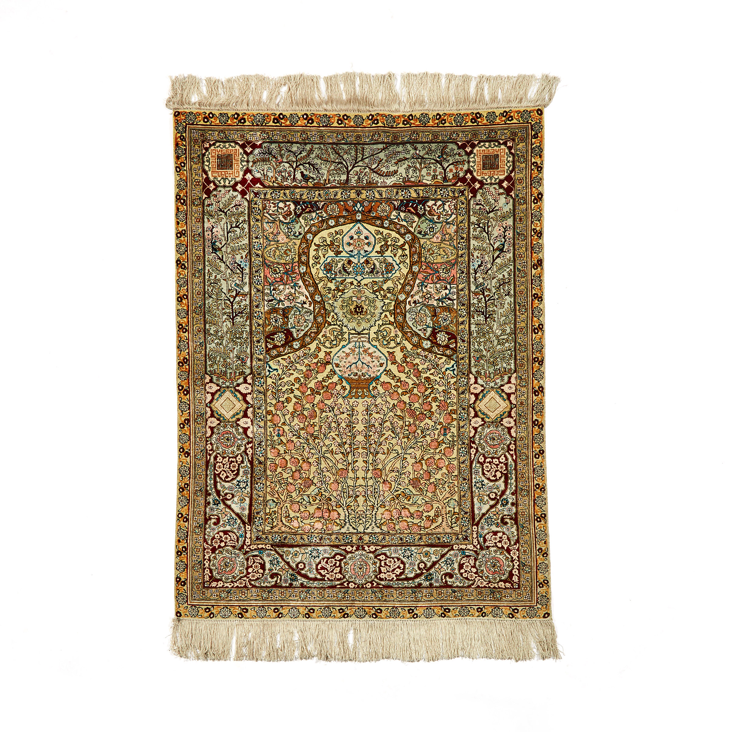 Qum Kapi Style Silk and Metallic Thread Prayer Rug, Turkish, mid 20th century