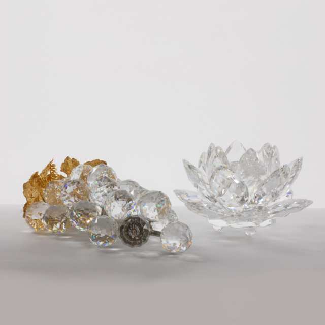 Three Swarovski Crystal Candleholders and Two Sculptures, late 20th/early 21st century