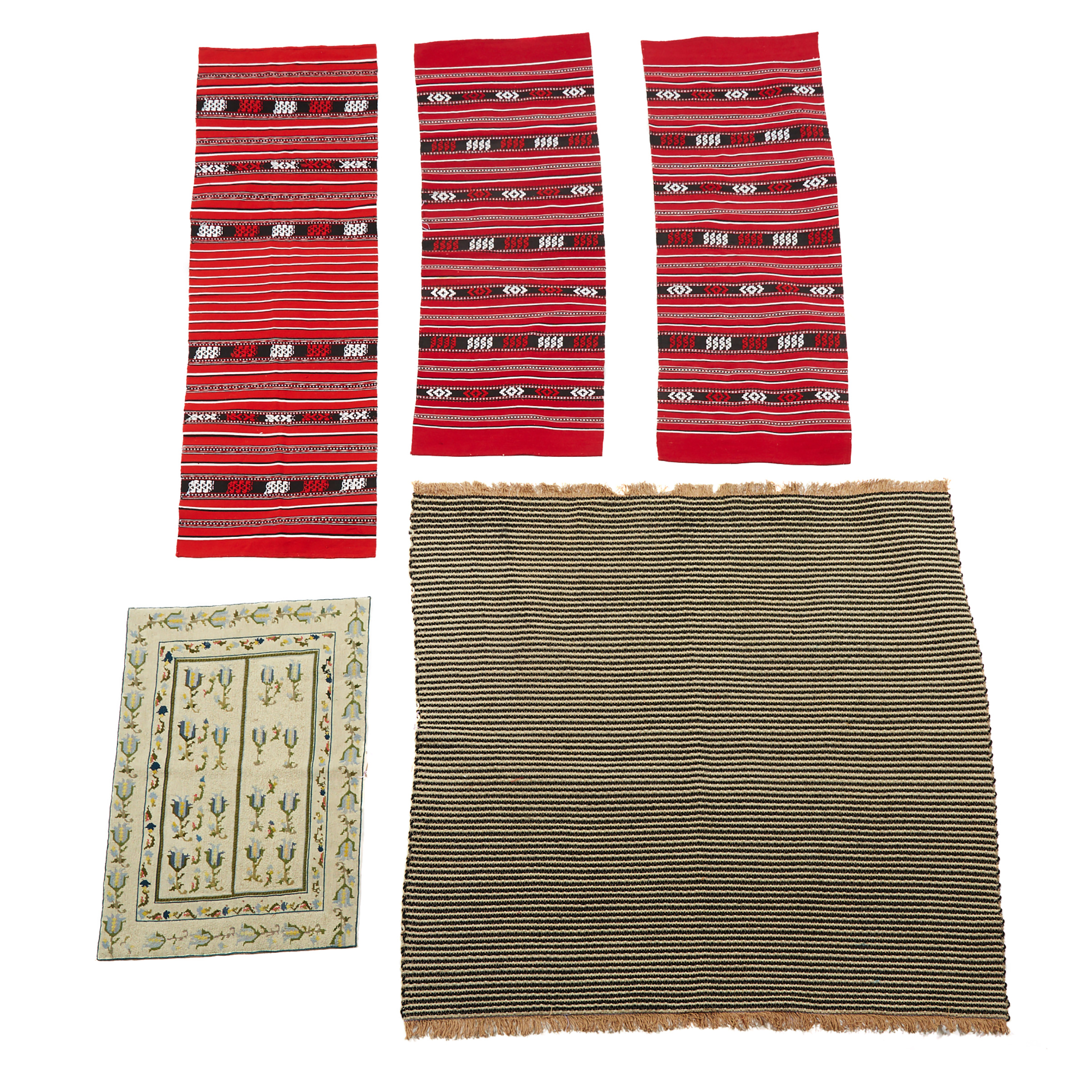 Group of Five Textiles including Three Hungarian Flatweaves, Portuguese needlepoint and a Moroccan Rug