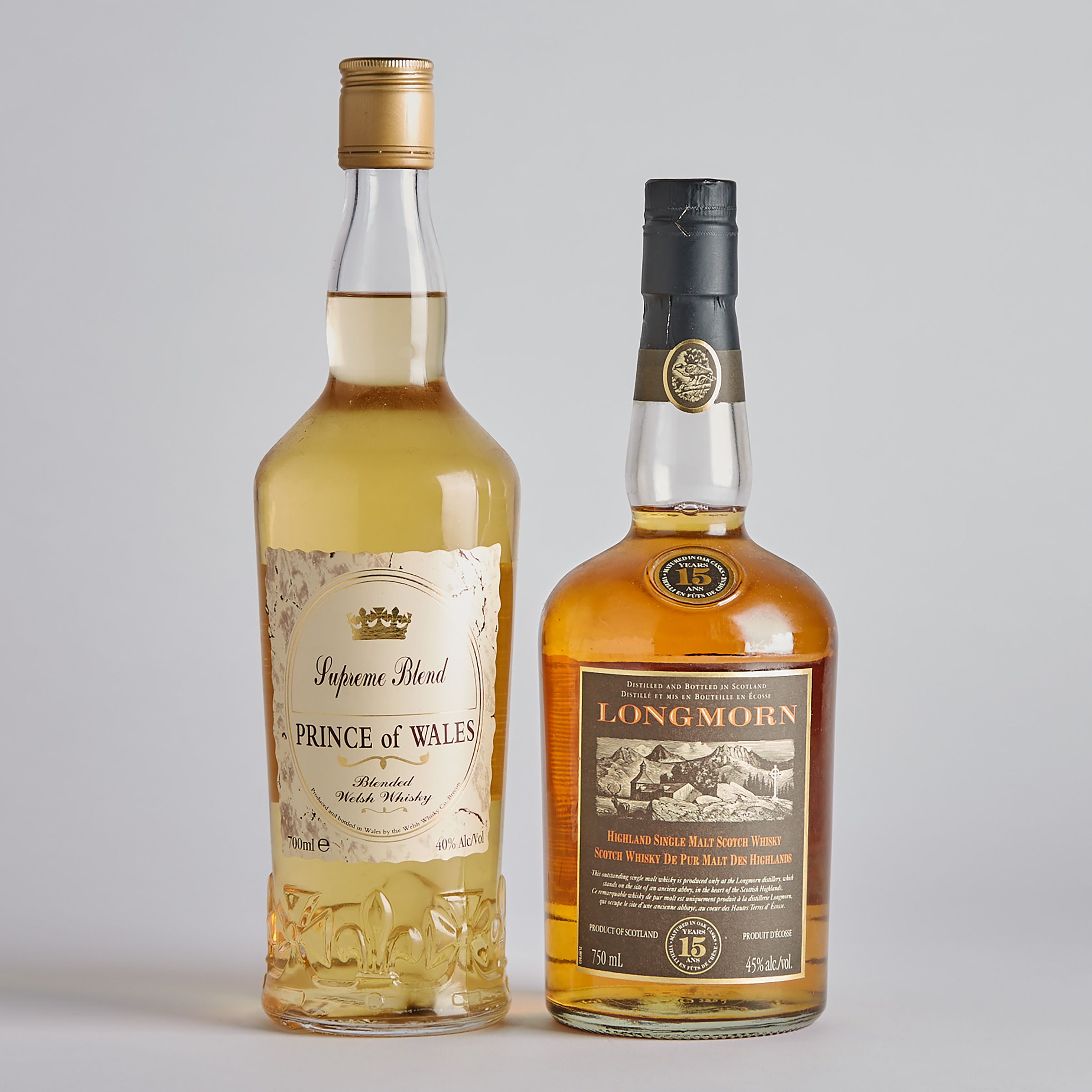 LONGMORN HIGHLAND SINGLE MALT SCOTCH WHISKY 15 YEARS (ONE 750 ML)
PRINCE OF WALES BLENDED WELSH WHISKY NAS (ONE 700 ML)