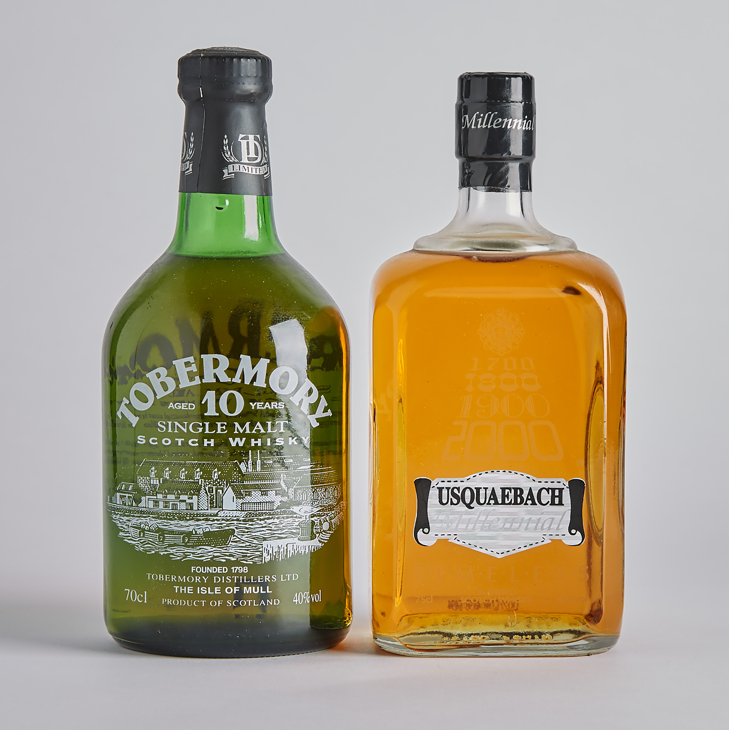 TOBERMORY SINGLE MALT SCOTCH WHISKY 10 YRS (ONE 70 CL)
USQUAEBACH MILLENNIAL BLENDED WHISKY (ONE 75 CL)