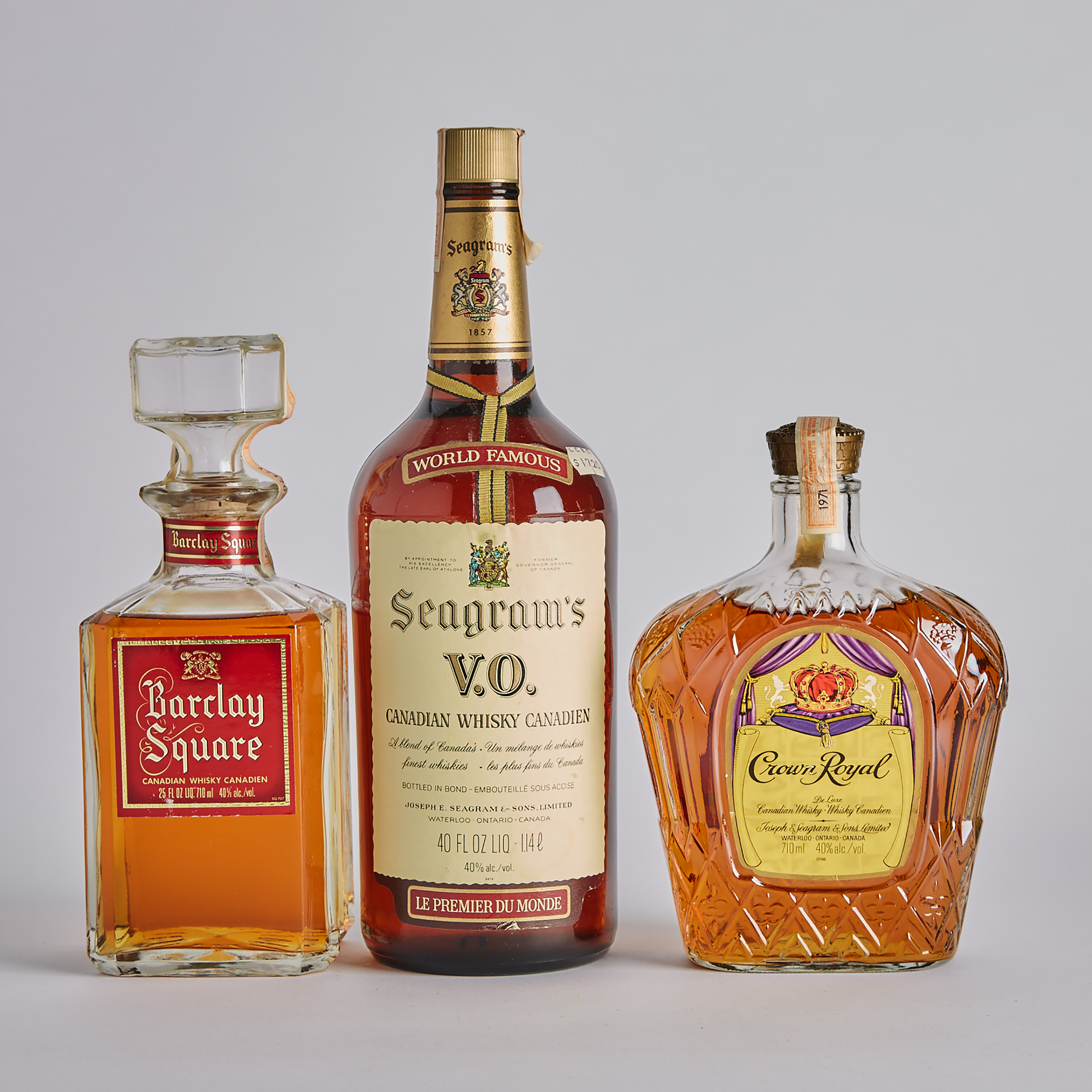 BARCLAY SQUARE CANADIAN WHISKY (ONE 710 ML)
CROWN ROYAL CANADIAN WHISKY (ONE 710 ML)
SEAGRAM'S VO CANADIAN WHISKY (ONE 1140 ML)