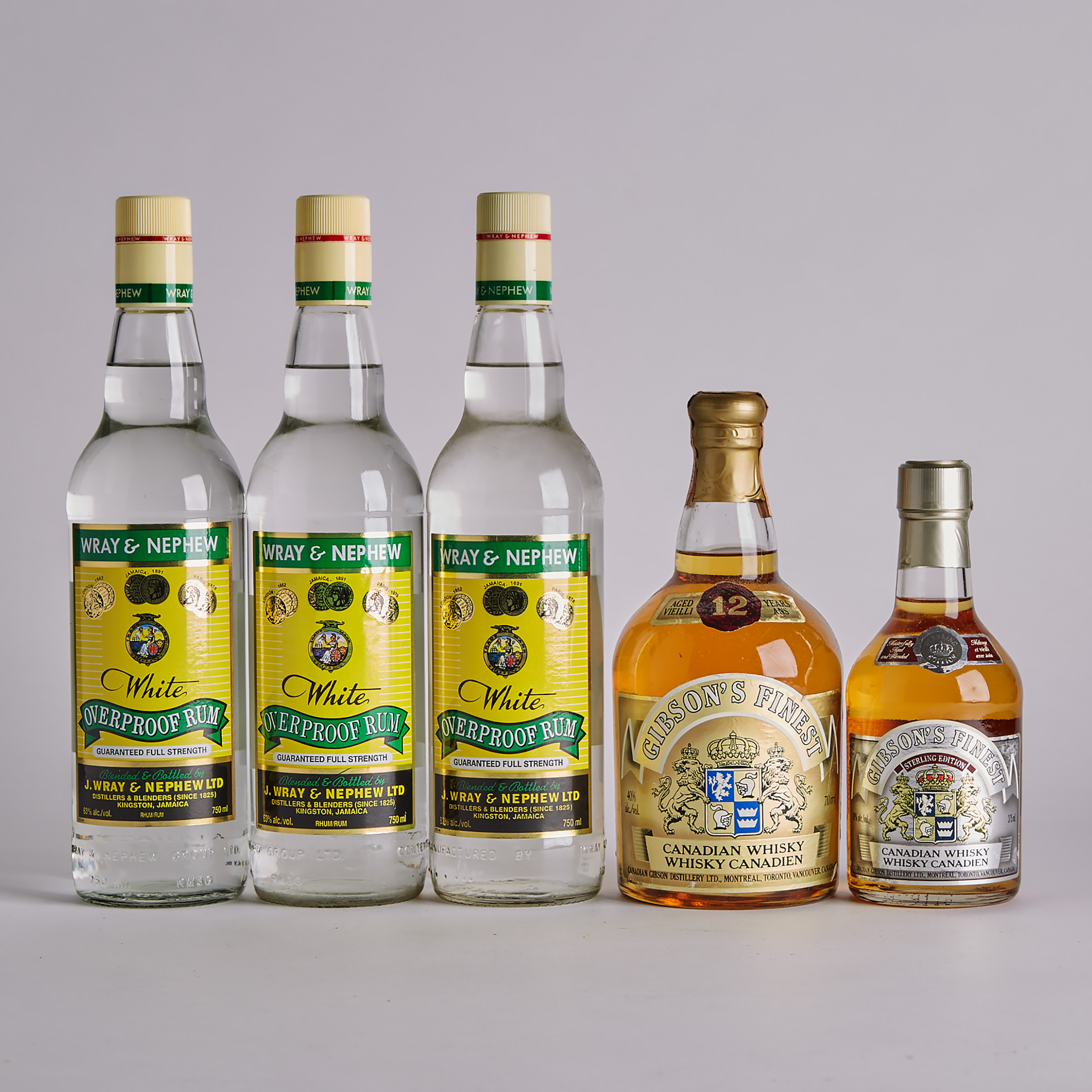 GIBSON'S FINEST CANADIAN WHISKY (ONE 375 ML)
GIBSON'S FINEST CANADIAN WHISKY 12 YRS (ONE 710 ML)
WRAY & NEPHEW WHITE OVERPROOF RUM (ONE 750 ML)
WRAY & NEPHEW WHITE OVERPROOF RUM (ONE 750 ML)
WRAY & NEPHEW WHITE OVERPROOF RUM (ONE 750 ML)