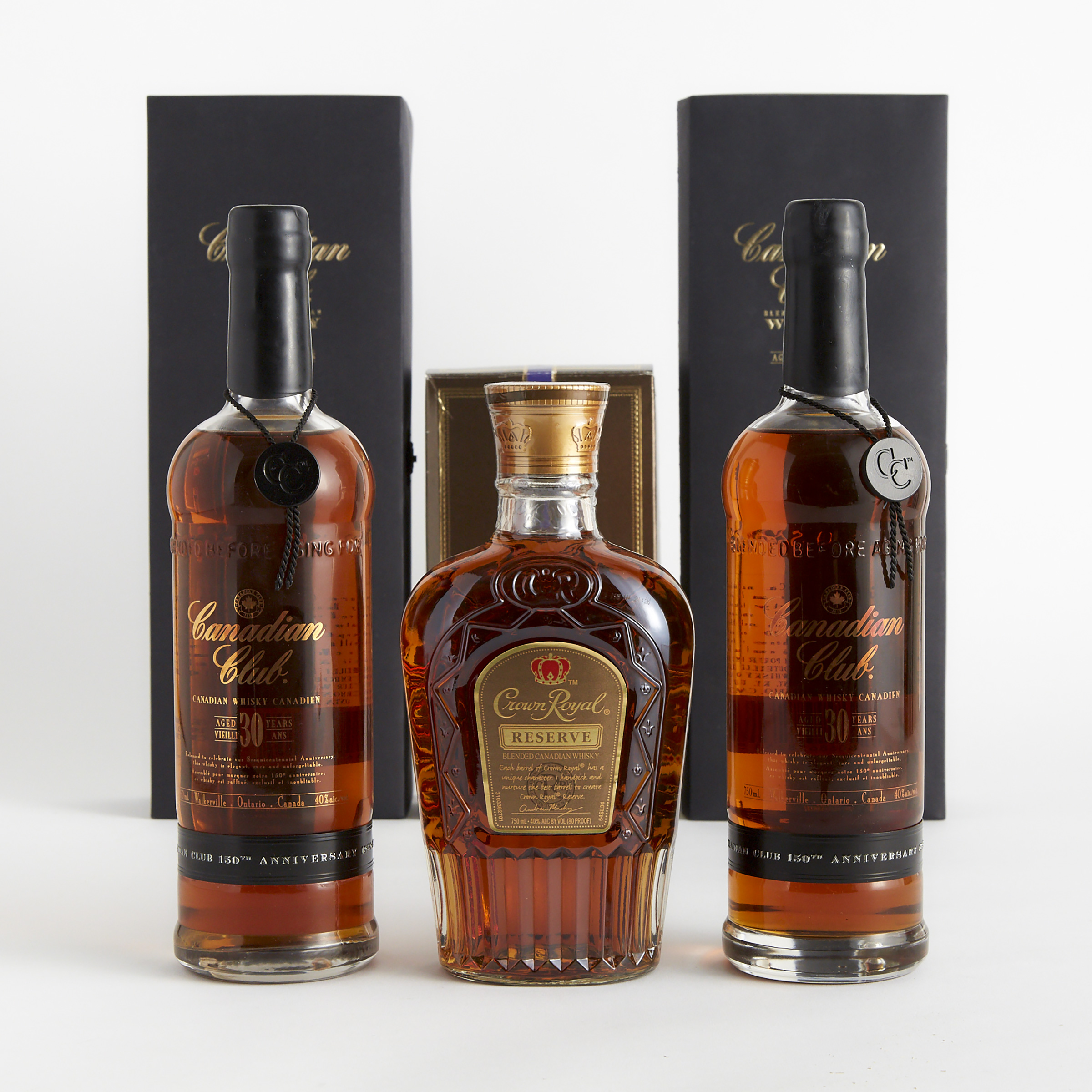 CANADIAN CLUB BLENDED CANADIAN WHISKY 30 YEARS (TWO 750 ML)
CROWN ROYAL RESERVE BLENDED CANADIAN WHISKEY NAS (ONE  750 ML)