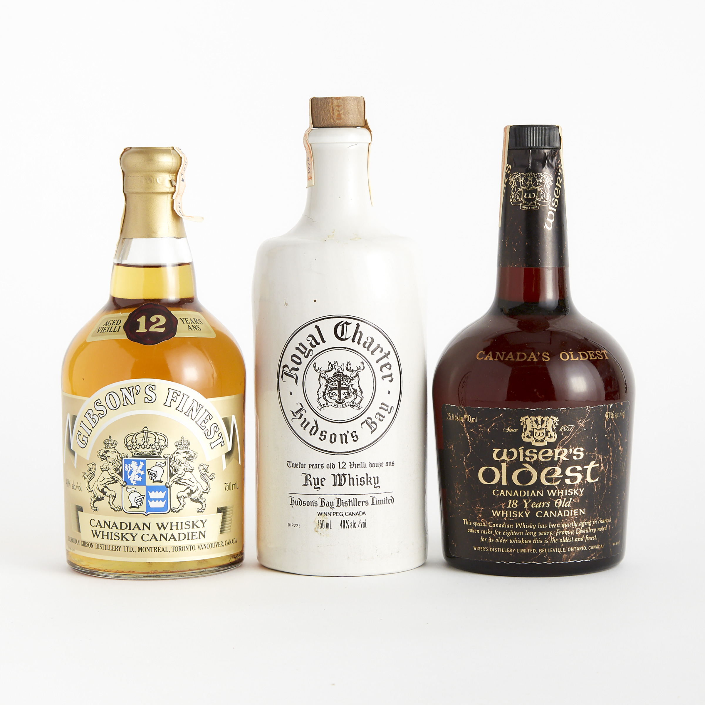 GIBSON'S FINEST CANADIAN WHISKY 12 YEARS (ONE 750 ML)
ROYAL CHARTER HUDSON'S BAY RYE WHISKY 12 YEARS (ONE 750 ML)
WISER'S OLDEST CANADIAN WHISKY 18 YEARS (ONE 710 ML)