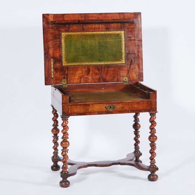 James II Figured Walnut Lift Top Writing Table, late 17th century