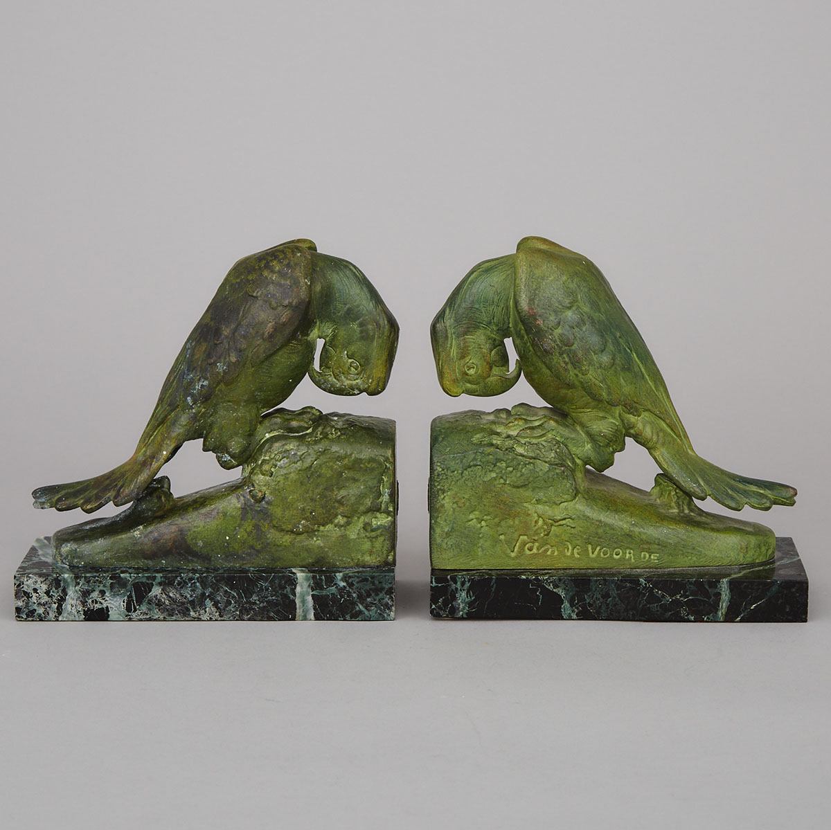 Pair of French Art Deco Patinated White Metal Parrot Form Book Ends, c.1930