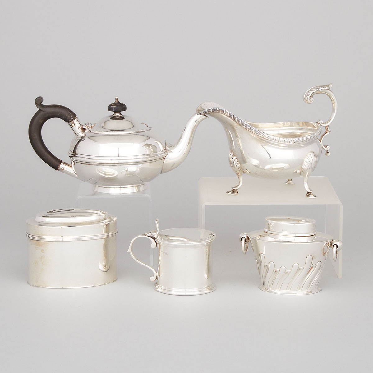 English Silver Sauce Boat, Small Teapot, Mustard Pot and Two Tea Caddies, 20th century