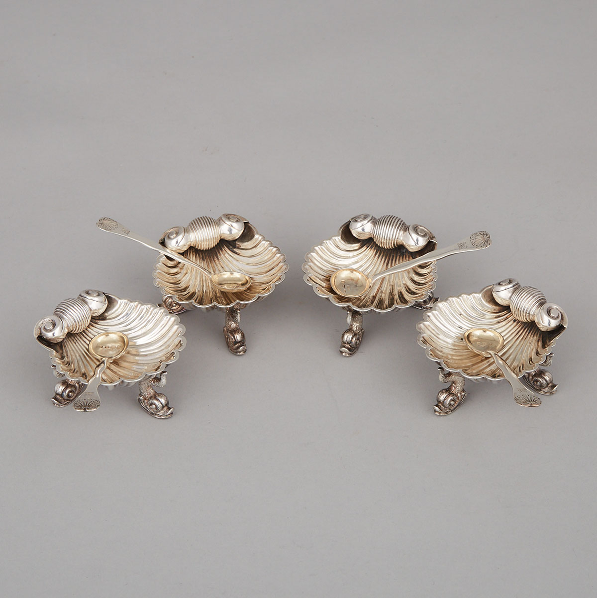 Set of Four Victorian Silver Shell Salt Cellars with Spoons, Henry Aston, Birmingham, 1861