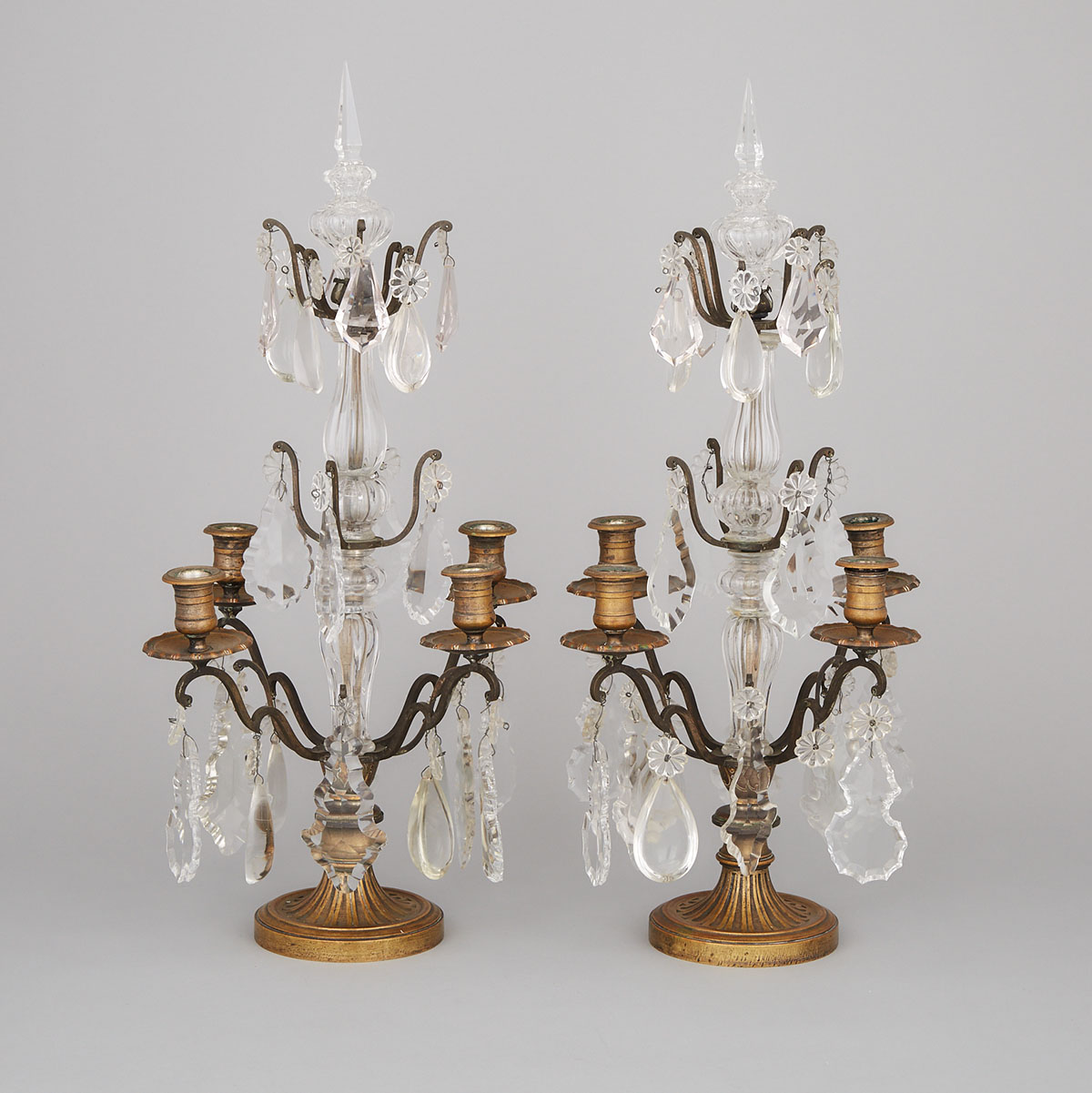Pair of Louis XV Style Gilt Bronze and Cut Glass Girandoles, 19th/early 20th century