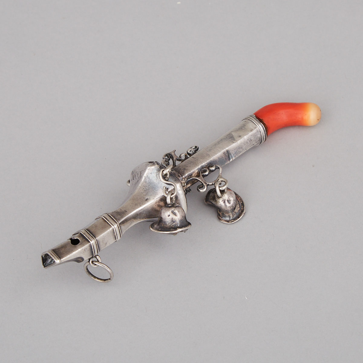 Georgian Coral Mounted Silver Child’s Rattle and Whistle, mid-18th century