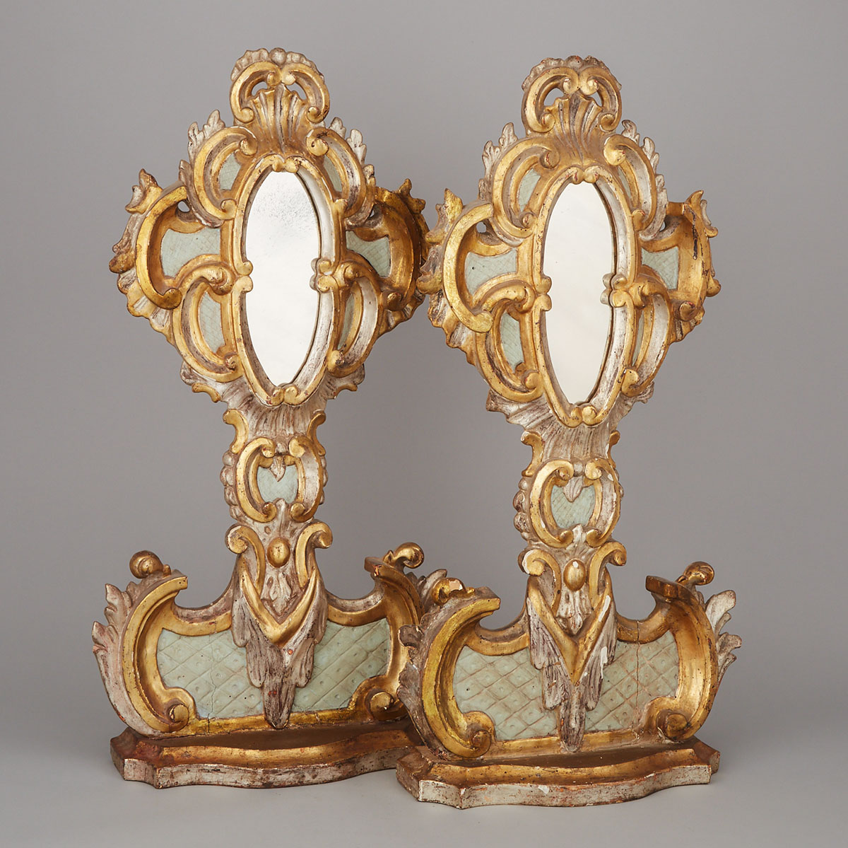 Pair of North Italian Gilt, Silvered and Painted Wood Mirrored Altar Stands, 19th/early 20th century