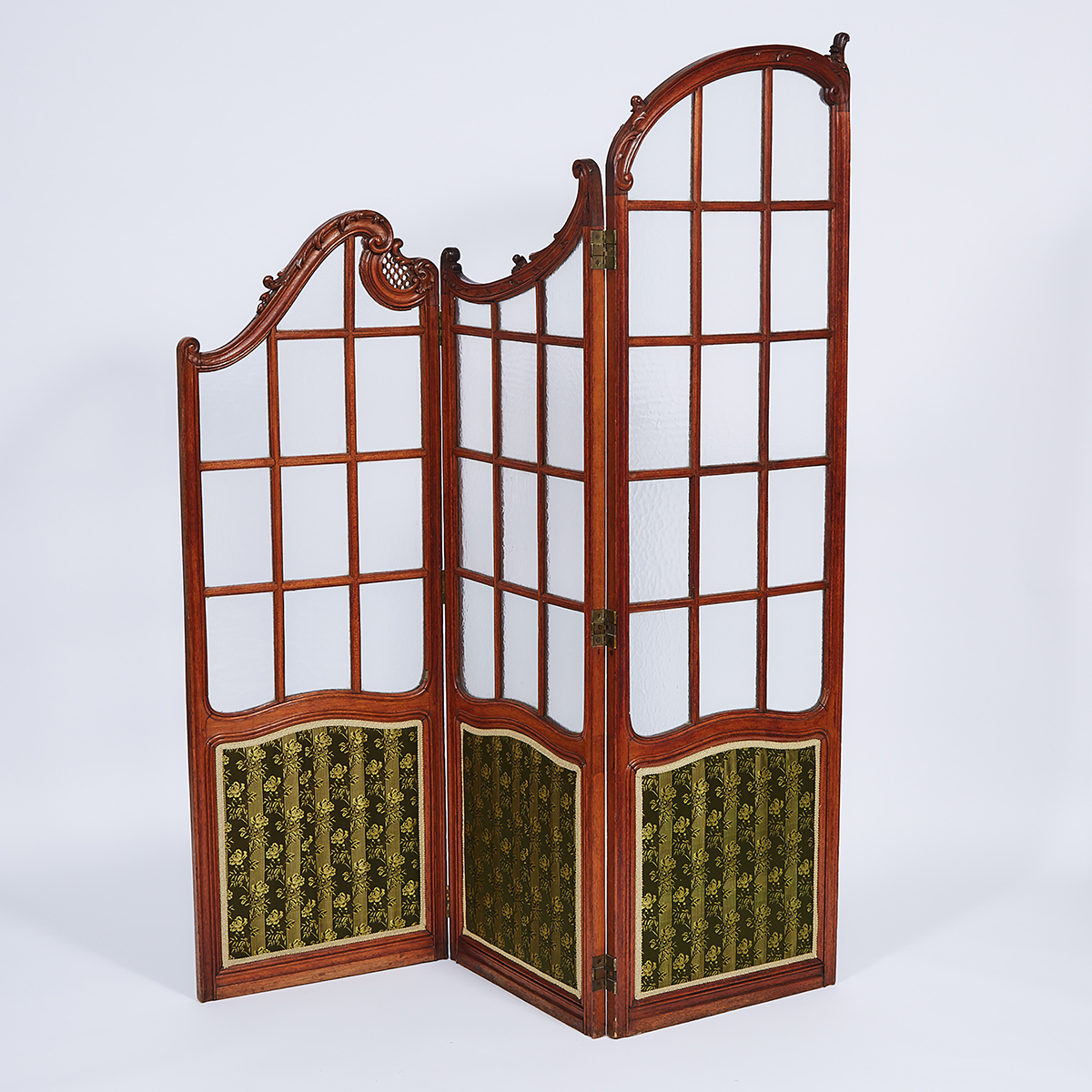 French Carved Walnut Glazed and Upholstered Folding Screen, 19th century